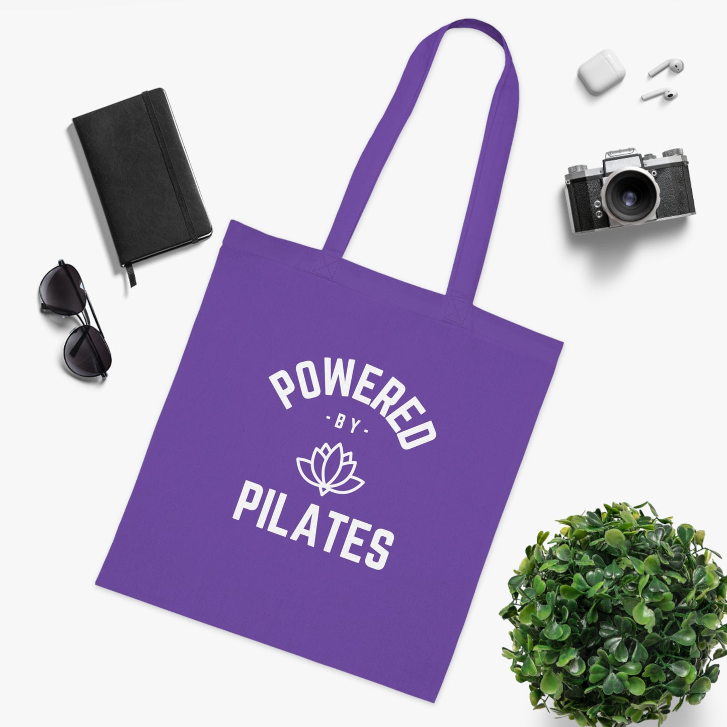 Powered by Pilates Yoga Slogan cotton tote bag, for pilates, yoga, fitness, well-being, wellness, mindfulness, bold, activewear, athleisure, statement tote bag