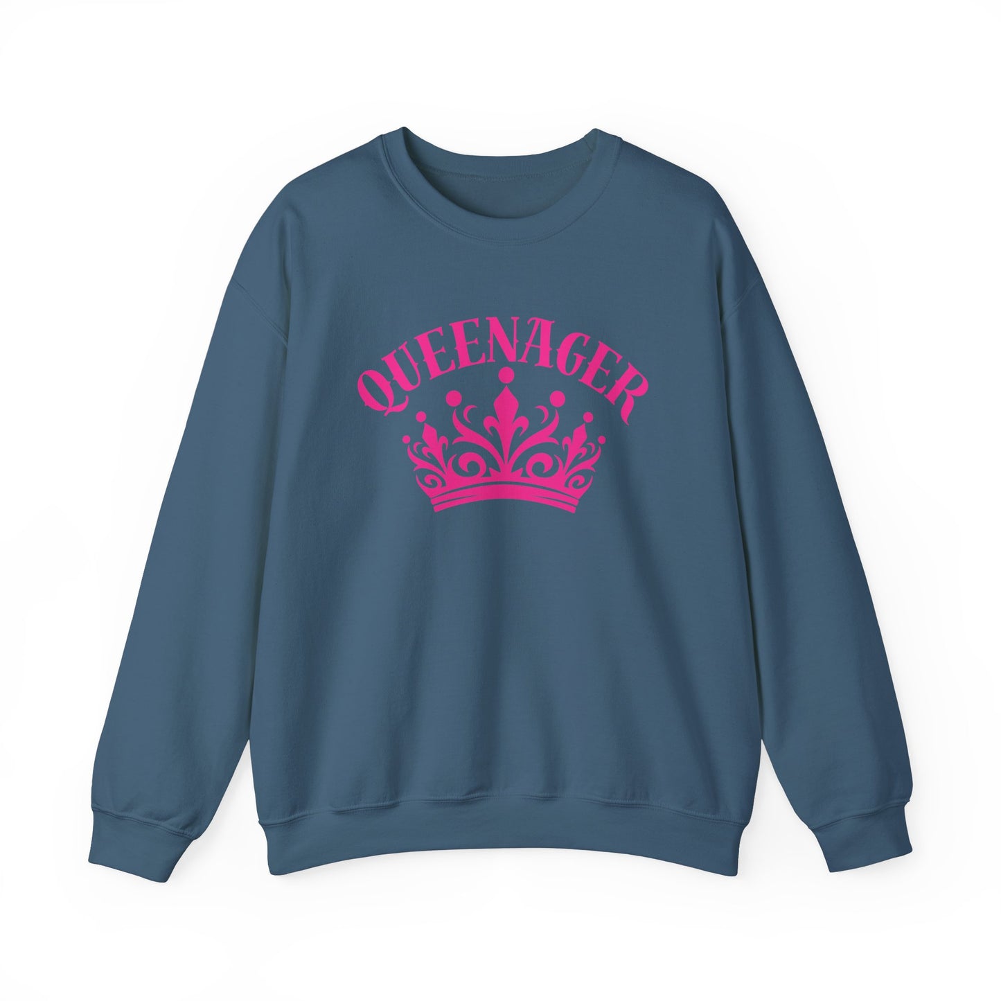 Bold Queenager slogan t-shirt, with crown image, age-positive statement tee, for empowered, confident, empty nesters, fun gift for women in midlife