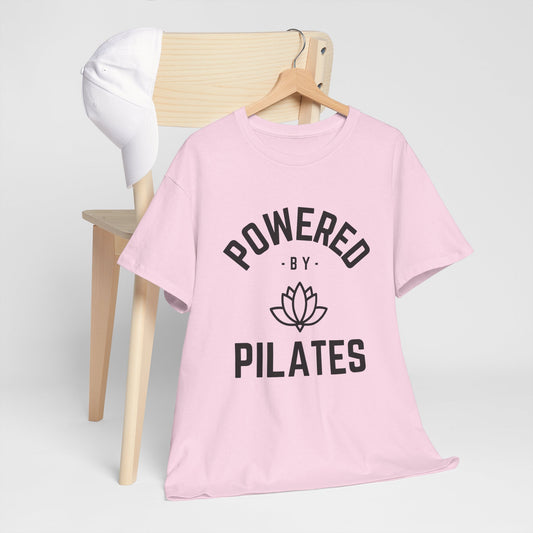 Powered by Pilates Yoga Cotton Slogan T-shirt, for pilates, yoga, fitness, well-being, wellness, mindfulness, bold, activewear, athleisure, statement tee