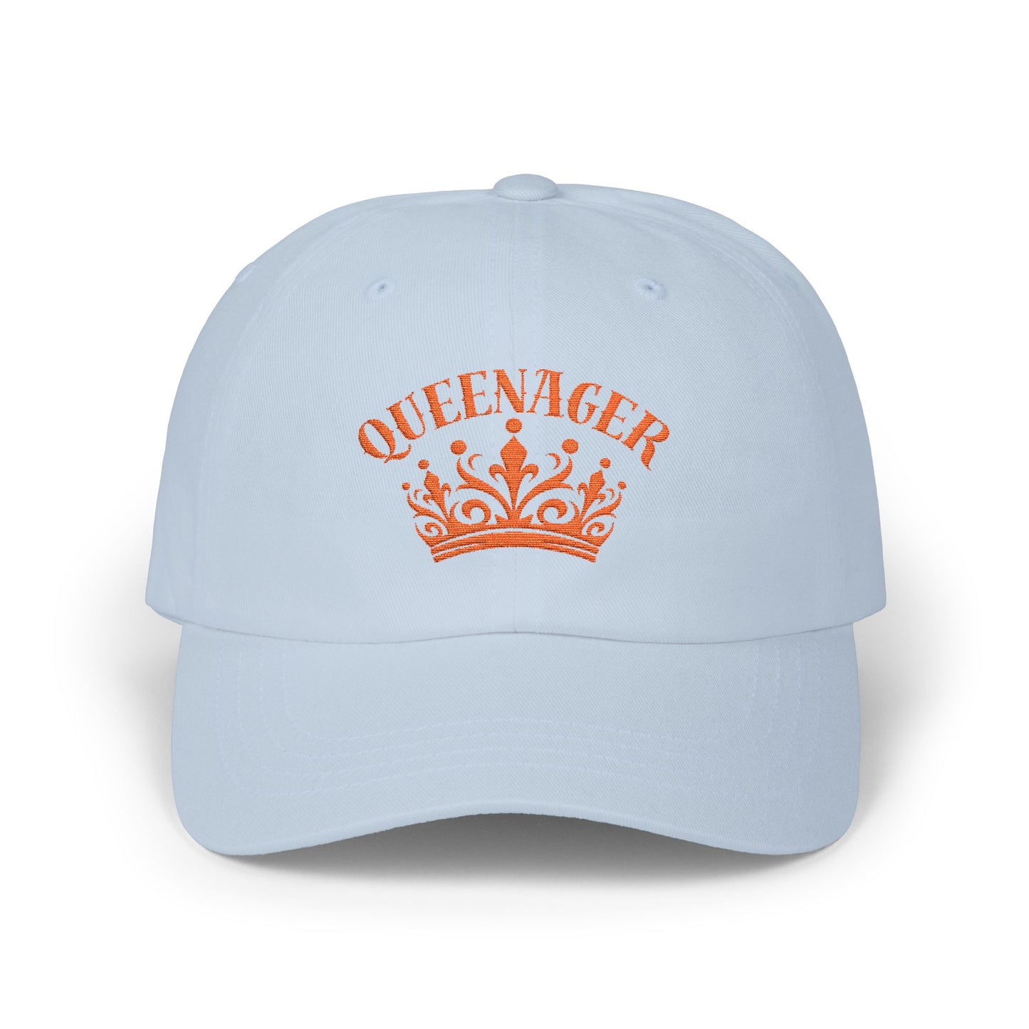 Bold Queenager slogan baseball cap, with crown image, age-positive statement hat, for empowered, confident, empty nesters, fun gift for women in midlife