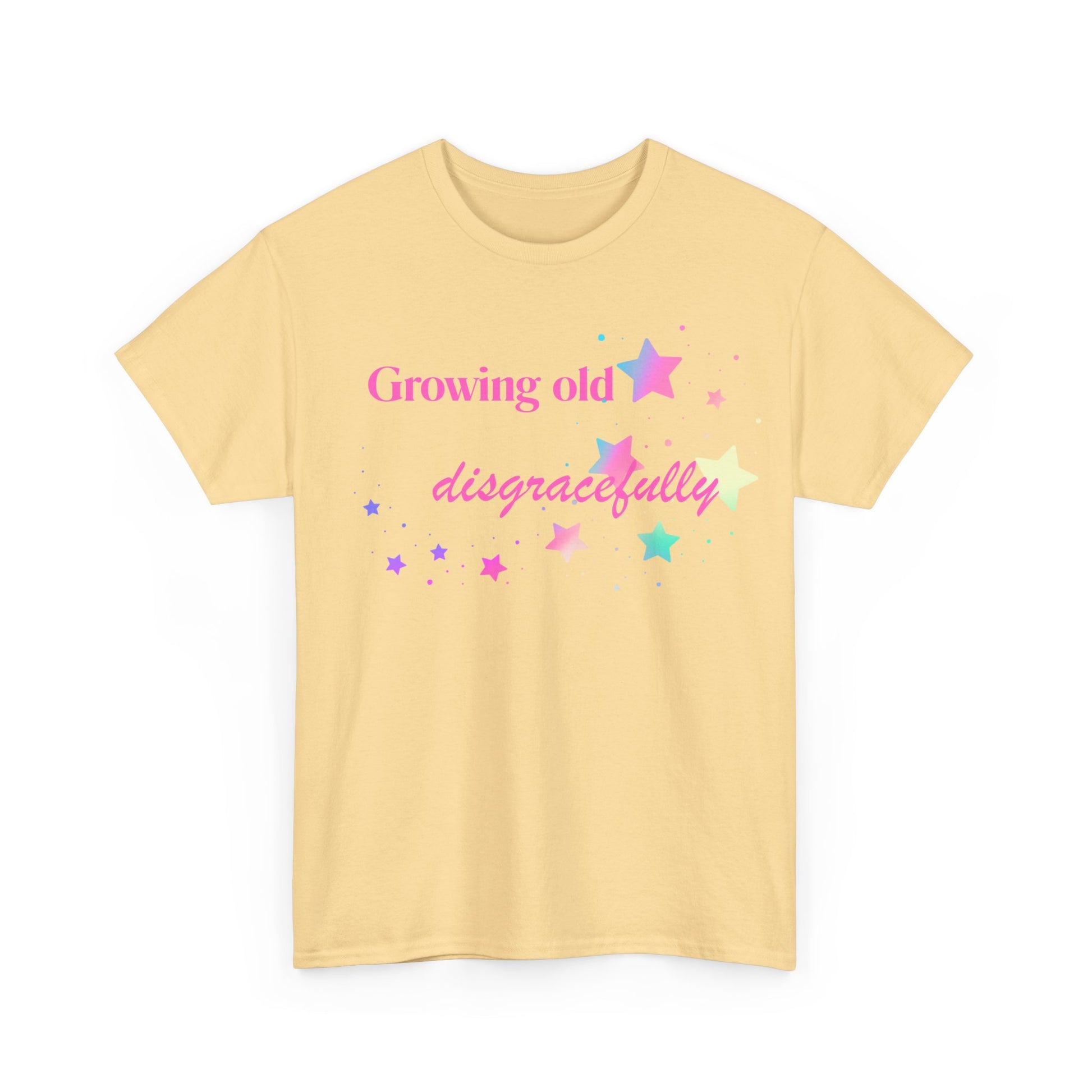 Growing Old Disgracefully slogan T-shirt, fun, quirky, bold, age-positive statement tee, gift for women embracing empowerment, freedom and confidence in midlife