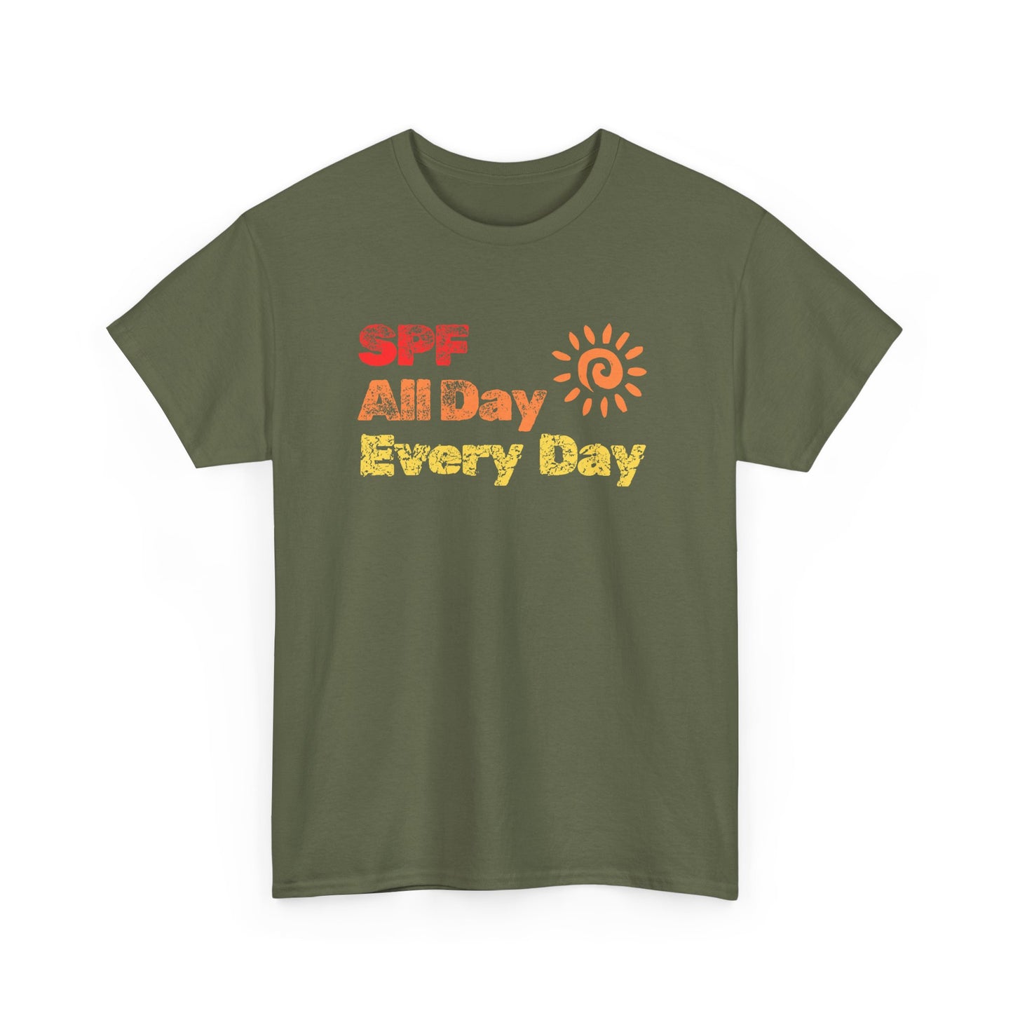 Bold SPF All Day, Every Day slogan T-shirt, for SPF awareness, safe sun, sunscreen, skin protection, sun protection statement tee