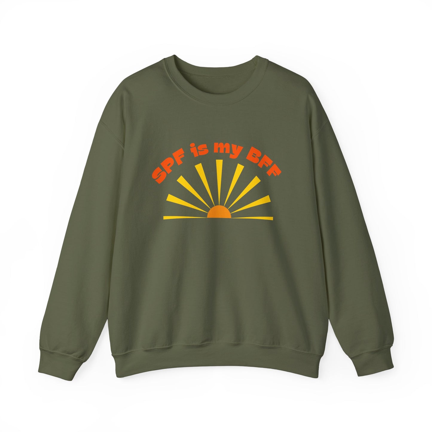 Bold SPF Is My BFF slogan sweatshirt, for anti-aging fashion, SPF awareness, safe sun, sunscreen, skin protection, sun protection statement sweatshirt