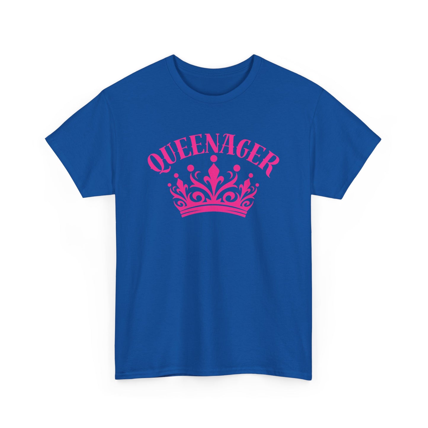 Bold Queenager slogan t-shirt, with crown image, age-positive statement tee, for empowered, confident, empty nesters, fun gift for women in midlife