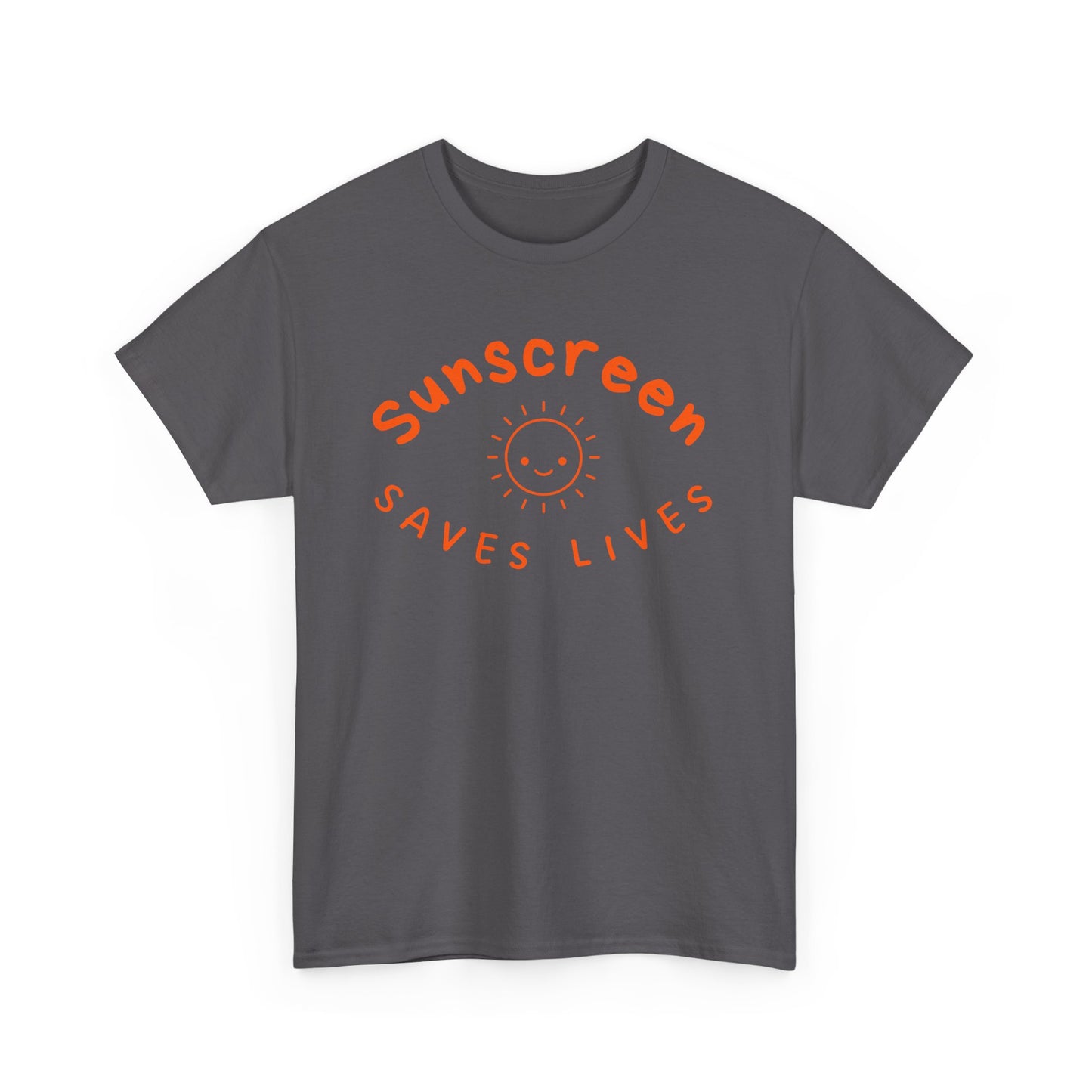 Bold Sunscreen Saves Lives slogan T-shirt, with smiley sun graphic, for anti-aging fashion, SPF awareness, safe sun, sunscreen, skin protection, sun protection statement tee