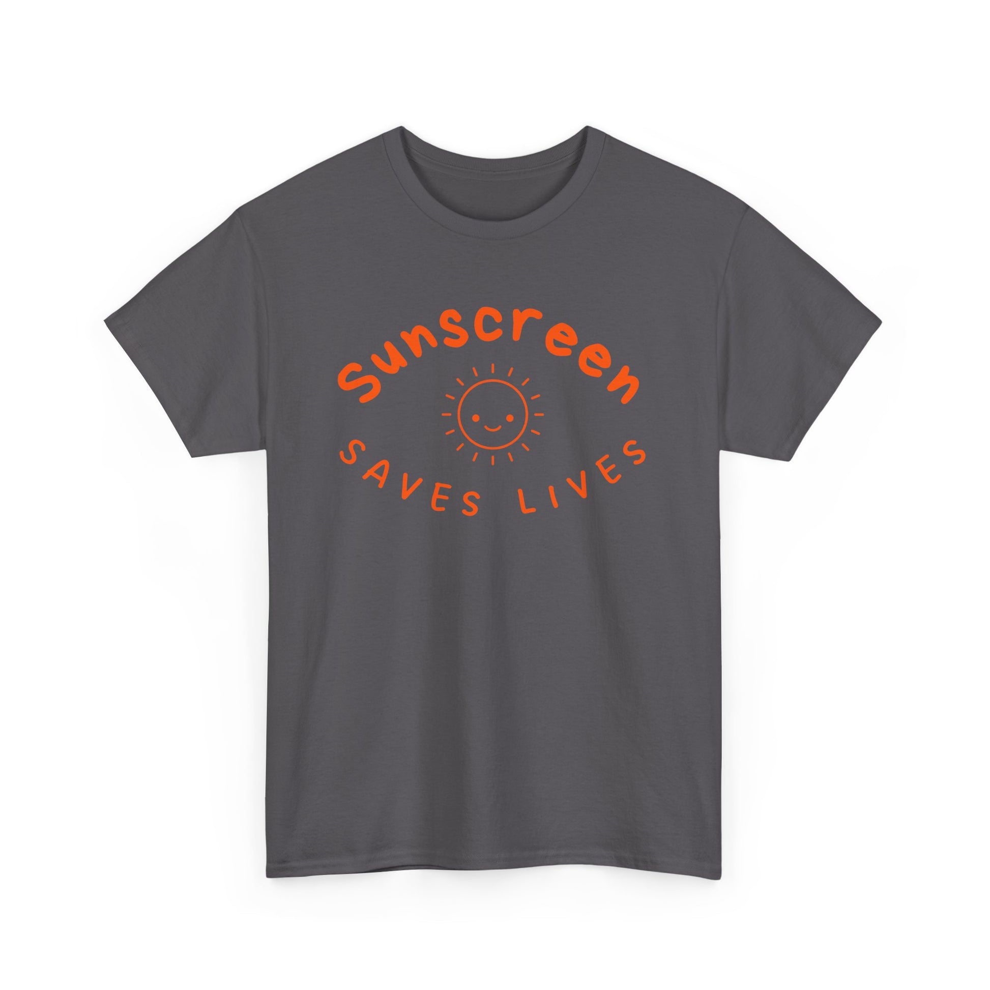Bold Sunscreen Saves Lives slogan T-shirt, with smiley sun graphic, for anti-aging fashion, SPF awareness, safe sun, sunscreen, skin protection, sun protection statement tee