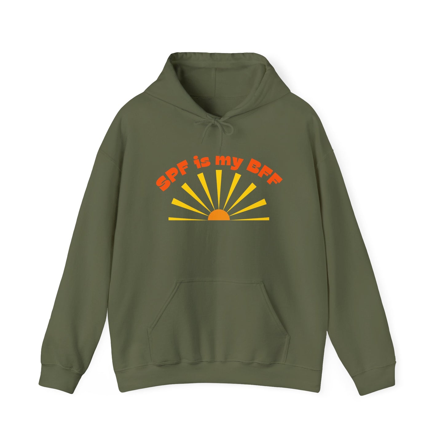Bold SPF Is My BFF slogan hoodie, for anti-aging fashion, SPF awareness, safe sun, sunscreen, skin protection, sun protection statement hoodie