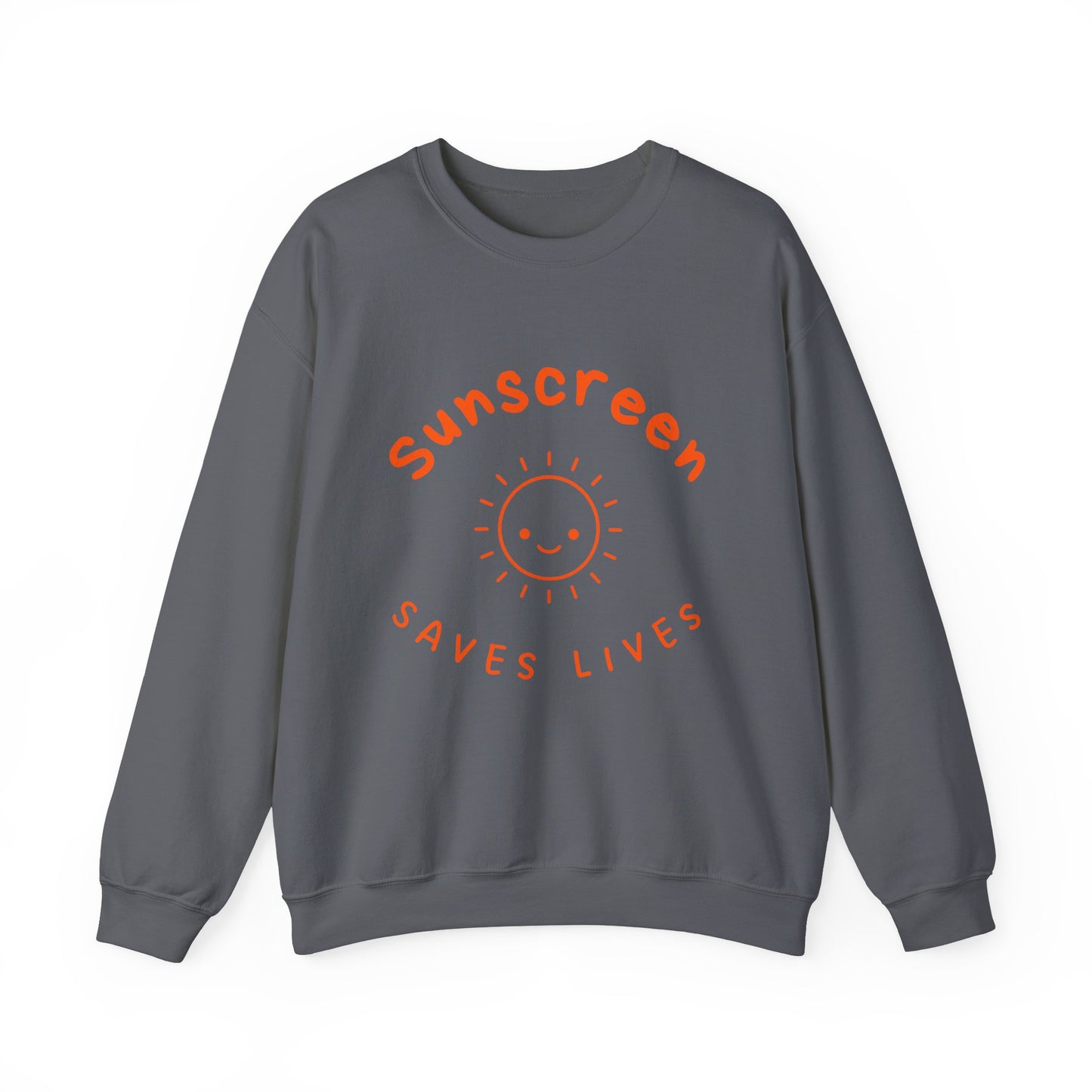 Bold Sunscreen Saves Lives slogan sweatshirt, with smiley sun graphic, for anti-aging fashion, SPF awareness, safe sun, sunscreen, skin protection, sun protection statement top