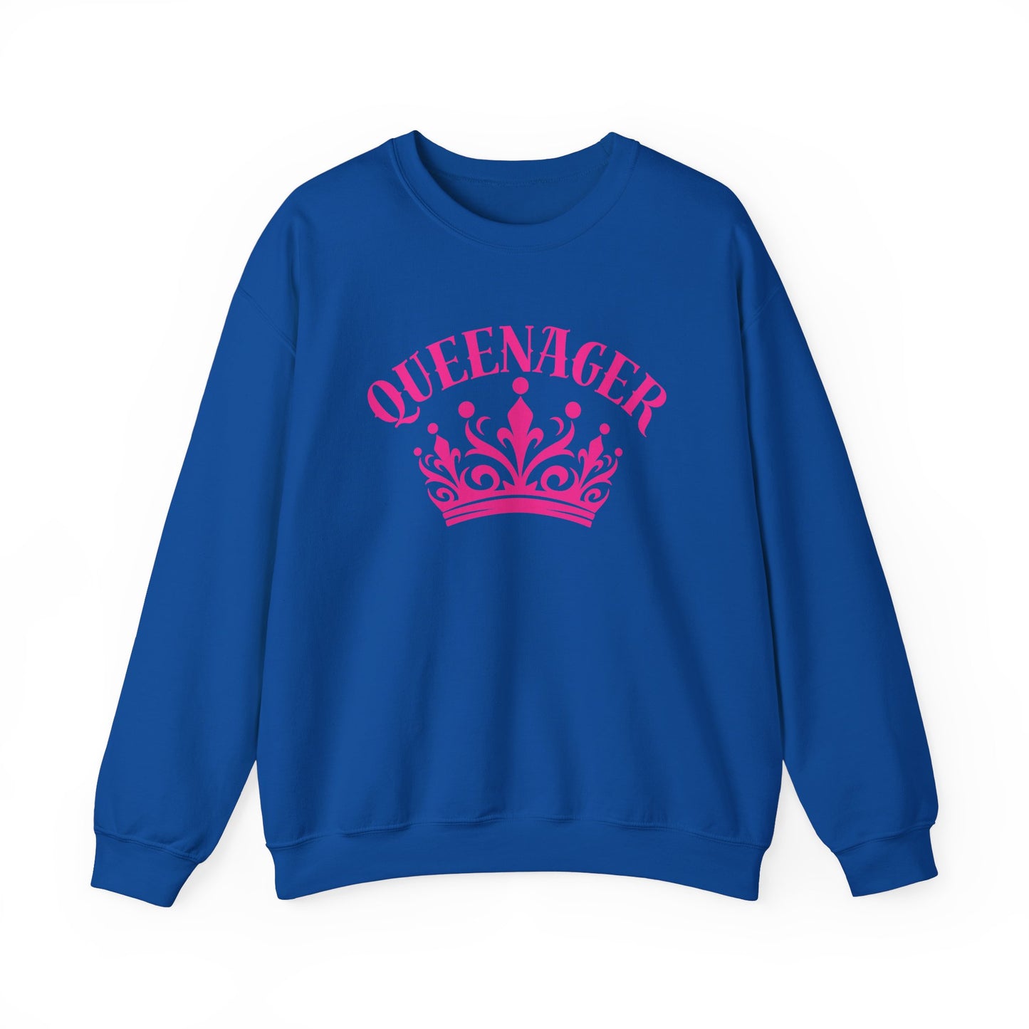 Bold Queenager slogan t-shirt, with crown image, age-positive statement tee, for empowered, confident, empty nesters, fun gift for women in midlife