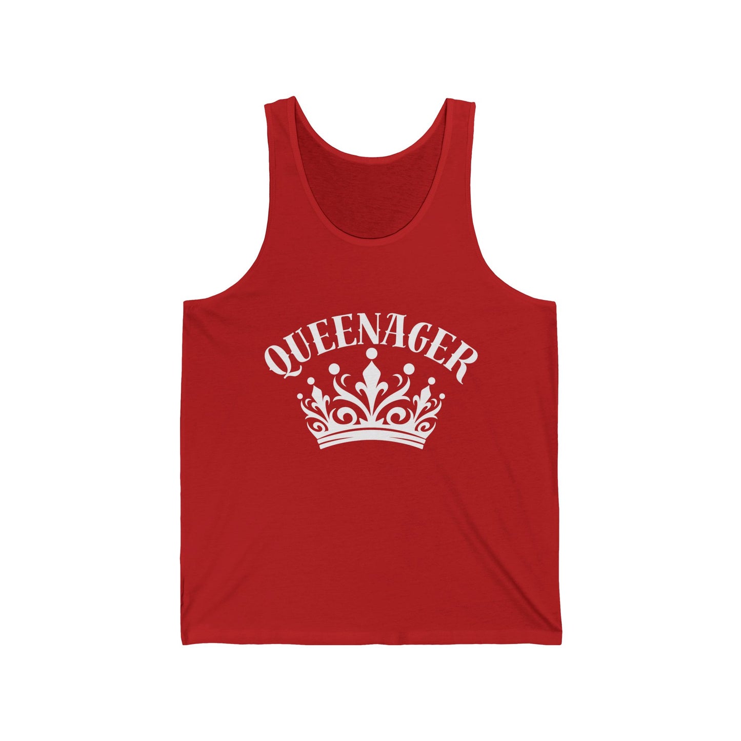 Bold Queenager slogan vest, with crown image, age-positive statement tank, for empowered, confident, empty nesters, fun gift for women in midlife