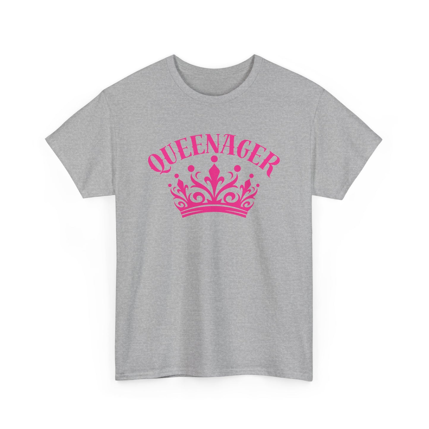 Bold Queenager slogan t-shirt, with crown image, age-positive statement tee, for empowered, confident, empty nesters, fun gift for women in midlife