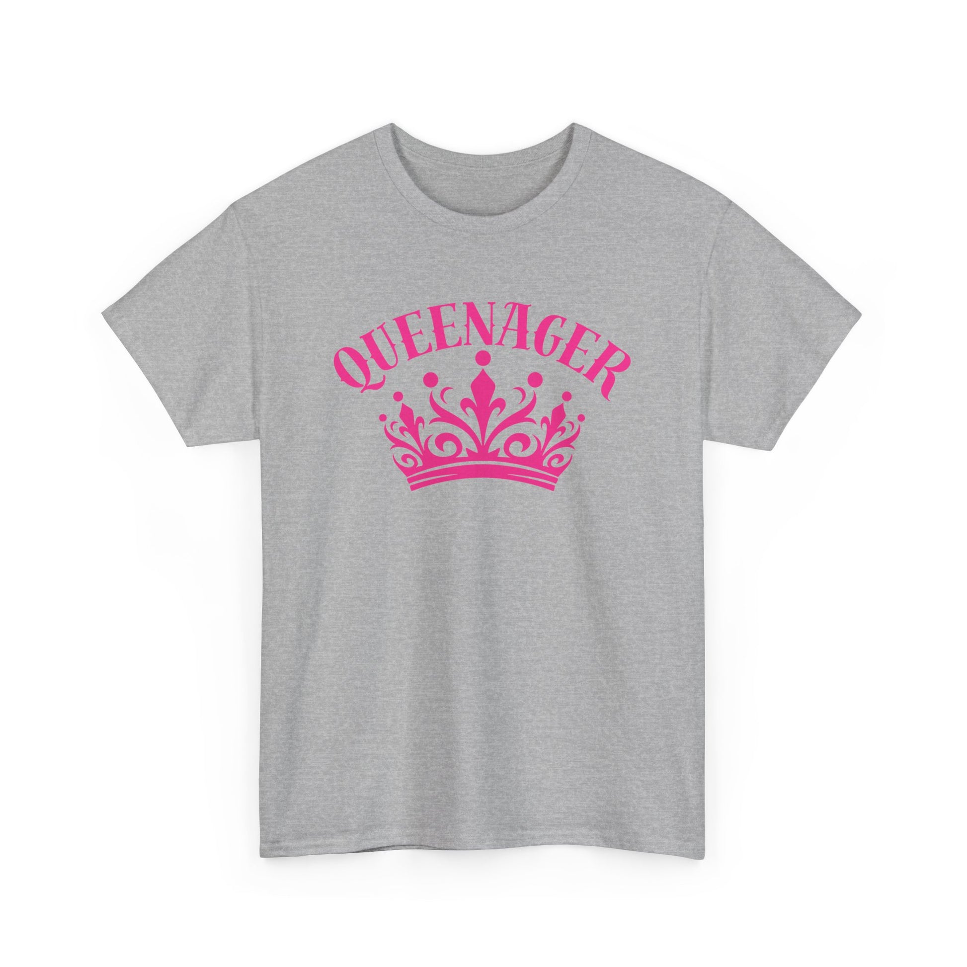 Bold Queenager slogan t-shirt, with crown image, age-positive statement tee, for empowered, confident, empty nesters, fun gift for women in midlife