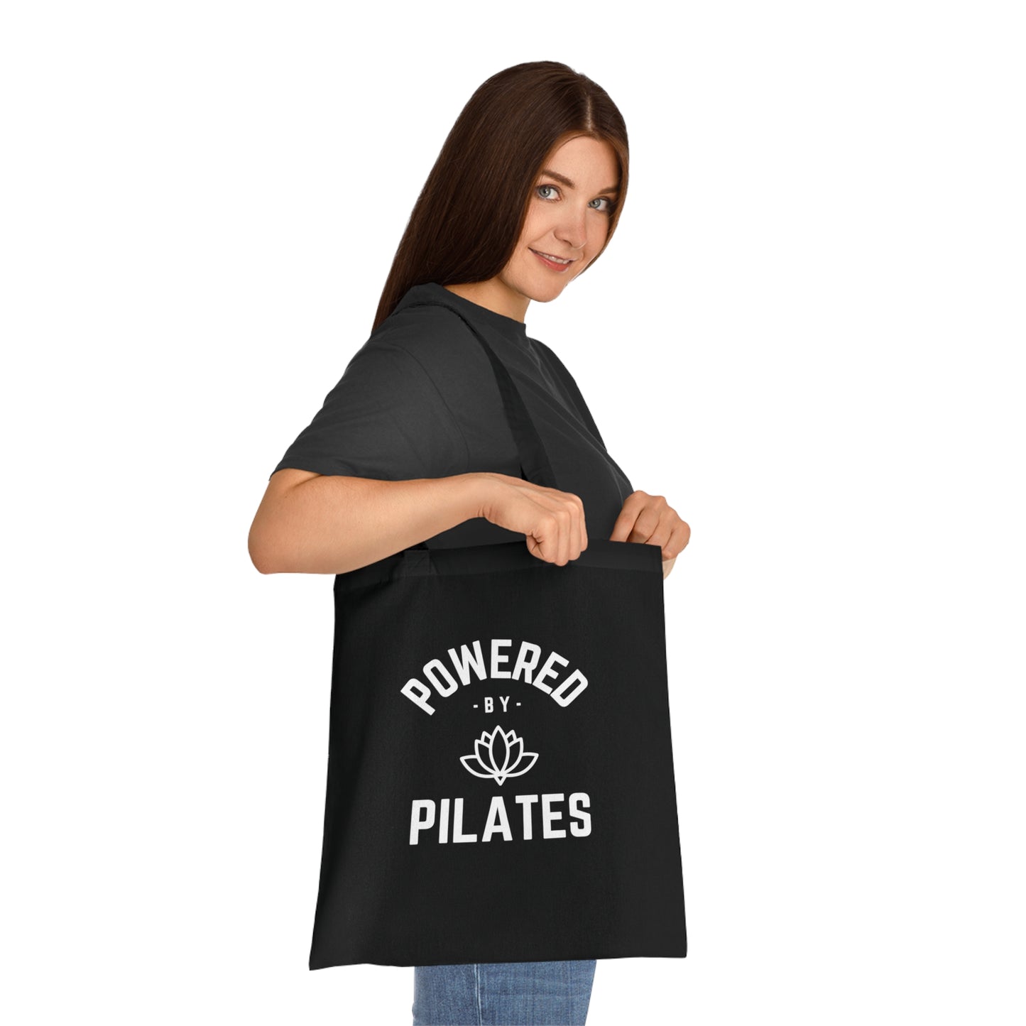 Powered by Pilates Yoga Slogan cotton tote bag, for pilates, yoga, fitness, well-being, wellness, mindfulness, bold, activewear, athleisure, statement tote bag