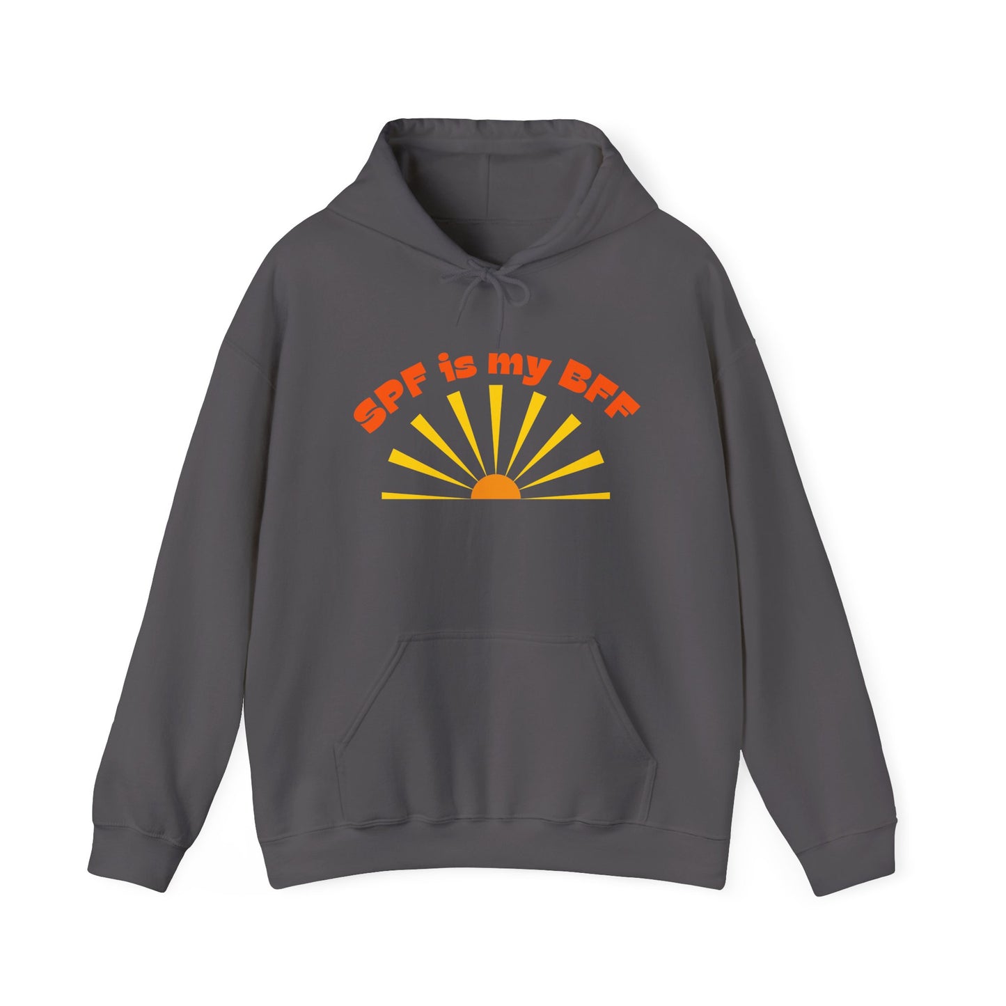 Bold SPF Is My BFF slogan hoodie, for anti-aging fashion, SPF awareness, safe sun, sunscreen, skin protection, sun protection statement hoodie