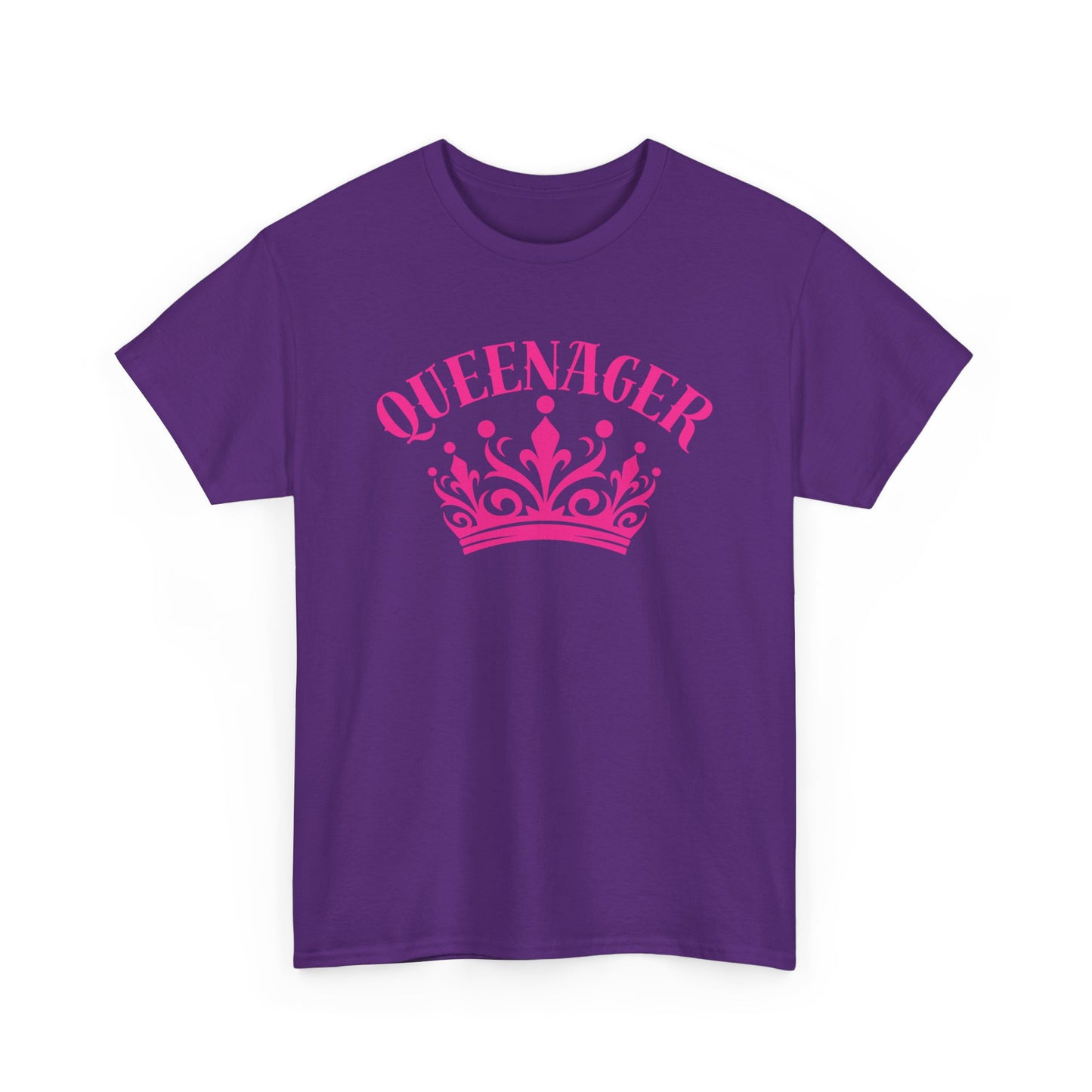 Bold Queenager slogan t-shirt, with crown image, age-positive statement tee, for empowered, confident, empty nesters, fun gift for women in midlife