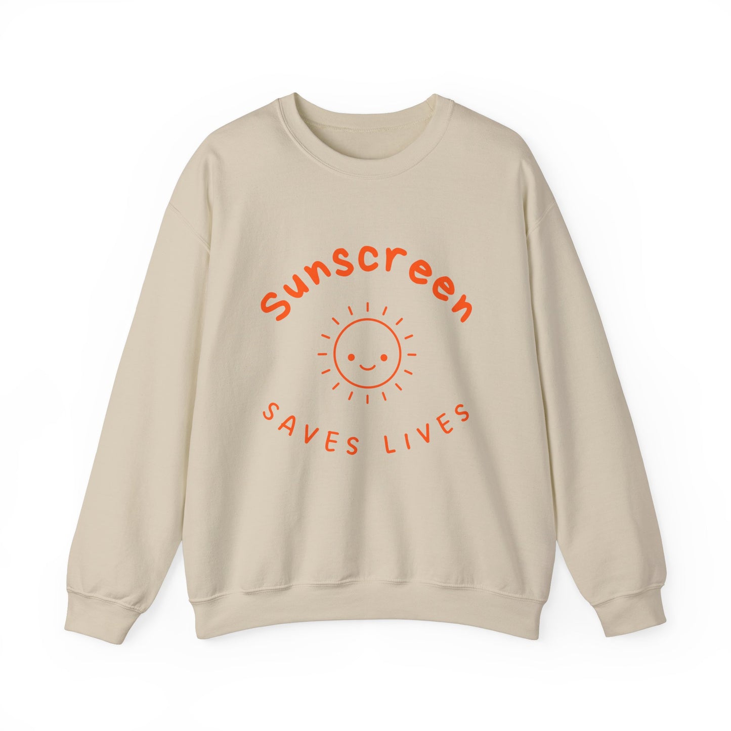 Bold Sunscreen Saves Lives slogan sweatshirt, with smiley sun graphic, for anti-aging fashion, SPF awareness, safe sun, sunscreen, skin protection, sun protection statement top