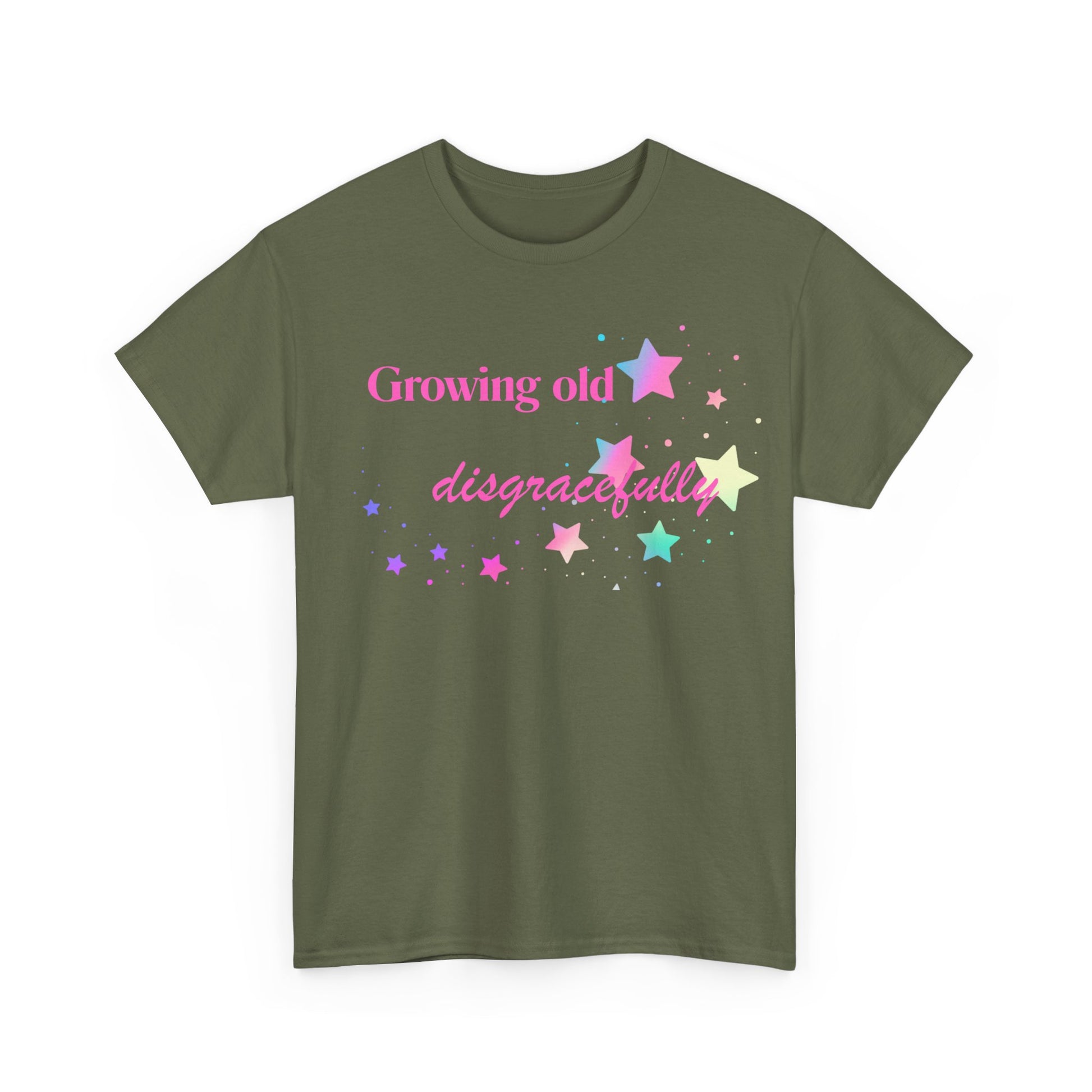 Growing Old Disgracefully slogan T-shirt, fun, quirky, bold, age-positive statement tee, gift for women embracing empowerment, freedom and confidence in midlife
