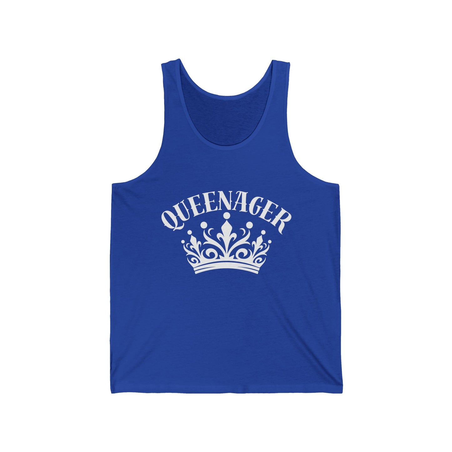 Quirky, funny, Queenager slogan vest, with crown image, age-positive tank, for empowered and confident women in midlife