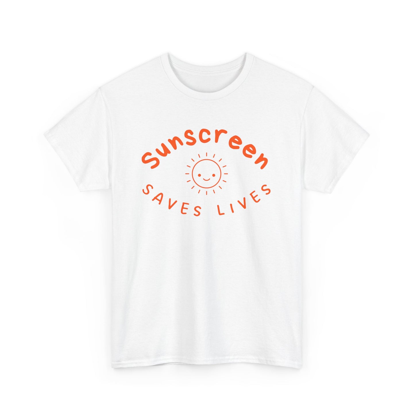 Bold Sunscreen Saves Lives slogan T-shirt, with smiley sun graphic, for anti-aging fashion, SPF awareness, safe sun, sunscreen, skin protection, sun protection statement tee