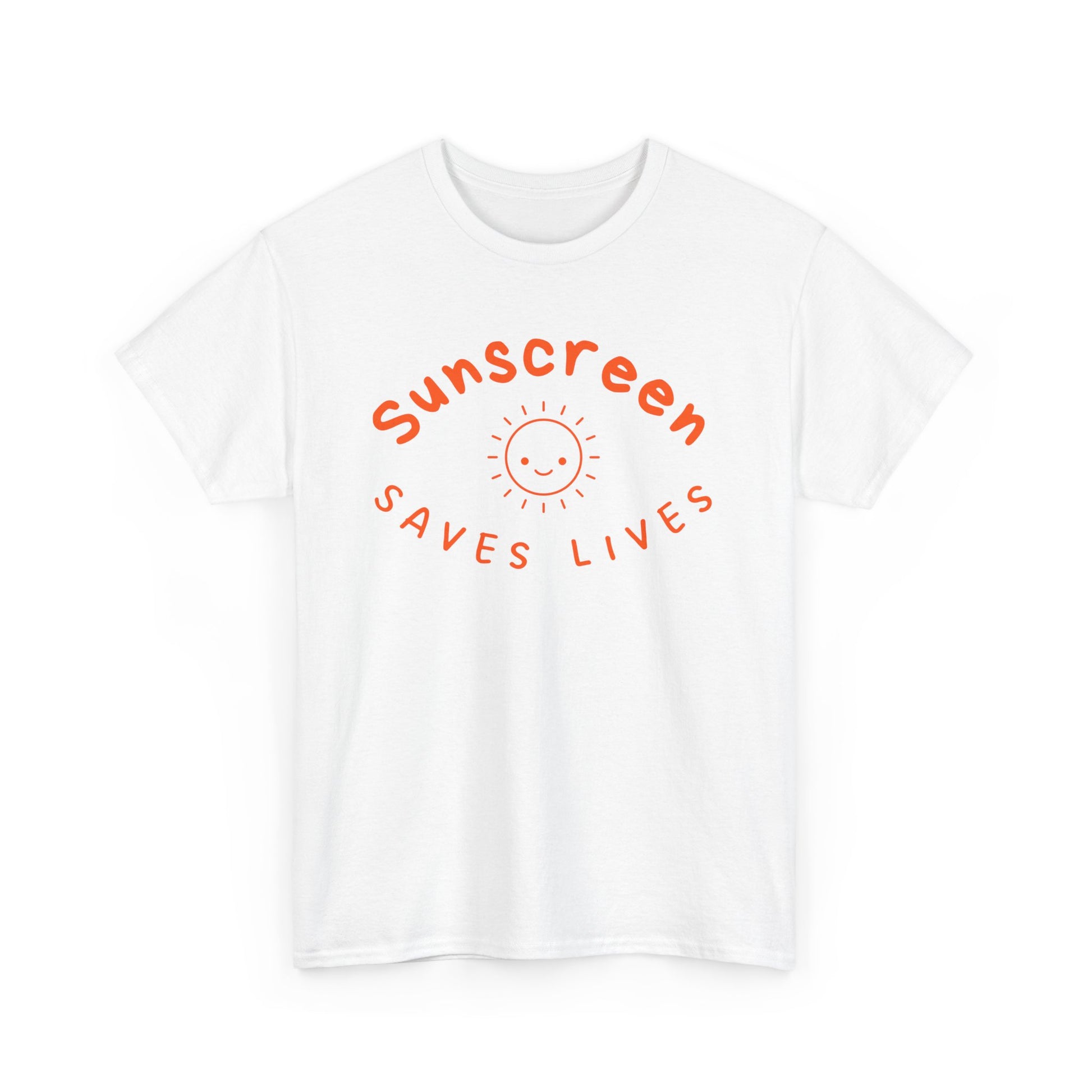 Bold Sunscreen Saves Lives slogan T-shirt, with smiley sun graphic, for anti-aging fashion, SPF awareness, safe sun, sunscreen, skin protection, sun protection statement tee