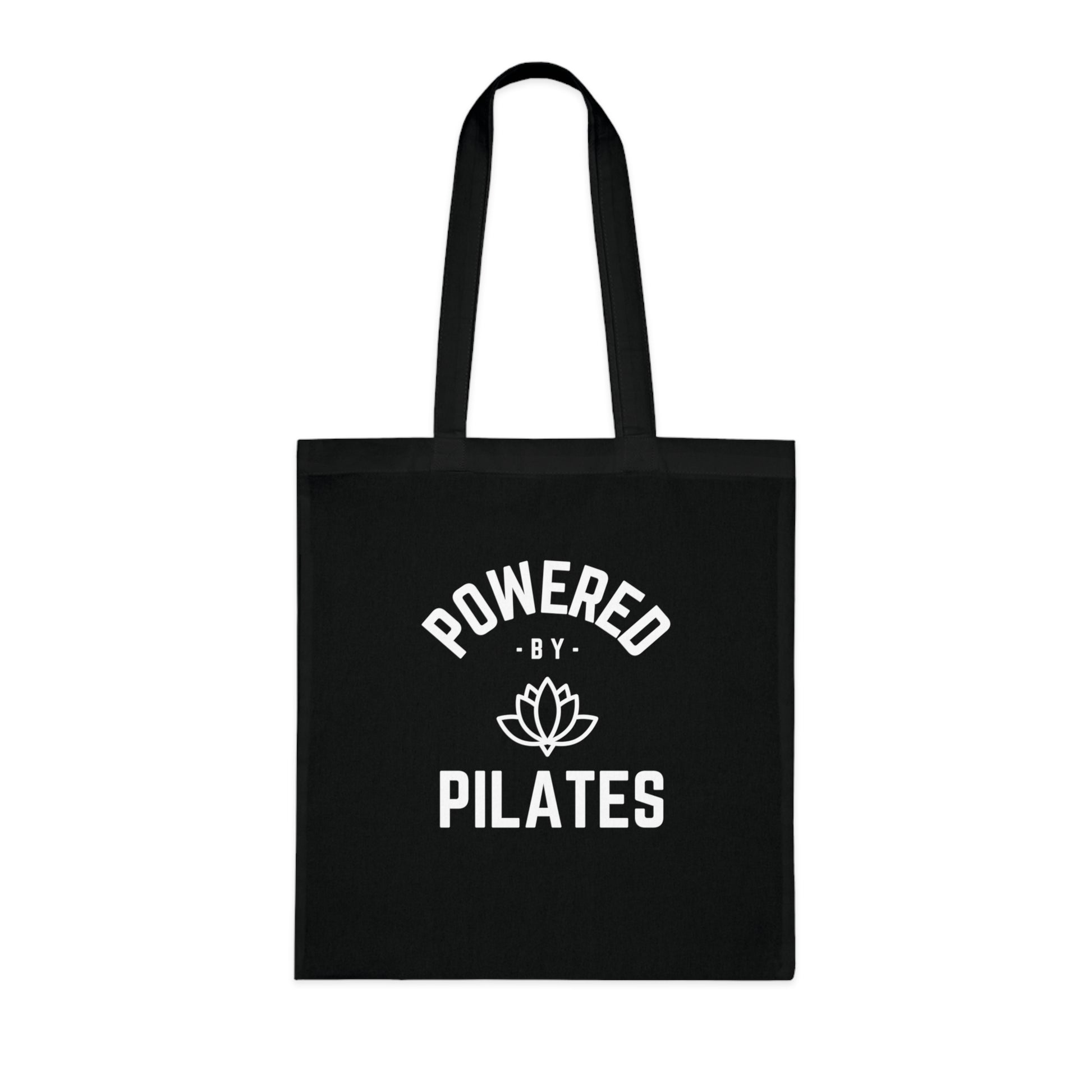 Powered by Pilates Yoga Slogan cotton tote bag, for pilates, yoga, fitness, well-being, wellness, mindfulness, bold, activewear, athleisure, statement tote bag