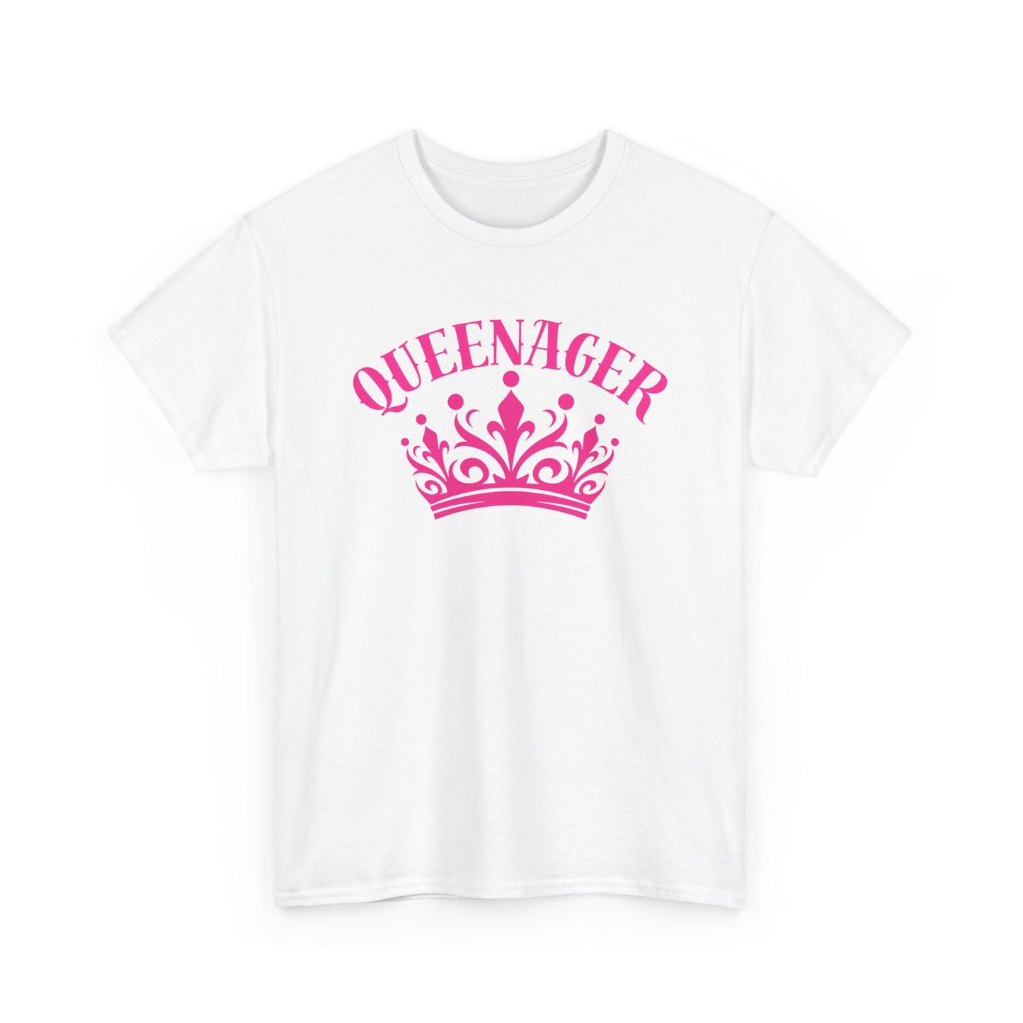 Bold Queenager slogan t-shirt, with crown image, age-positive statement tee, for empowered, confident, empty nesters, fun gift for women in midlife