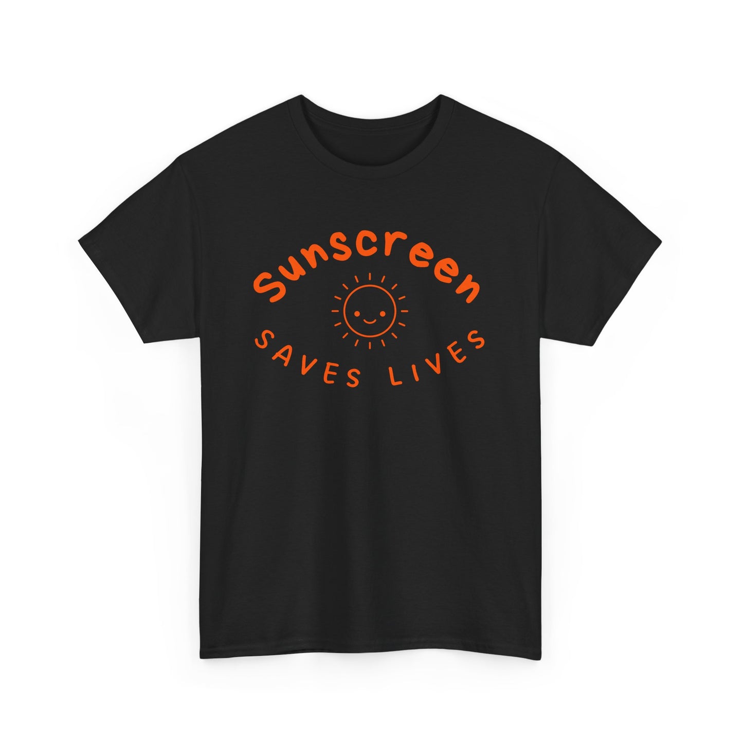 Bold Sunscreen Saves Lives slogan T-shirt, with smiley sun graphic, for anti-aging fashion, SPF awareness, safe sun, sunscreen, skin protection, sun protection statement tee