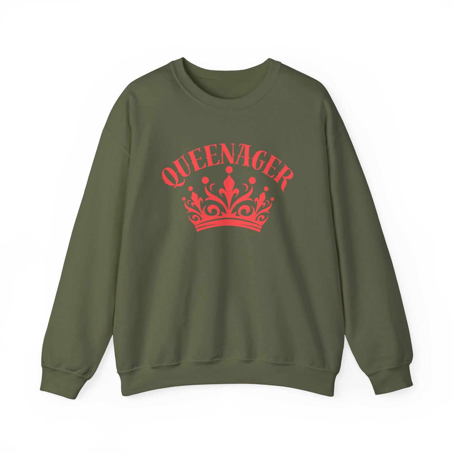 Bold Queenager slogan t-shirt, with crown image, age-positive statement tee, for empowered, confident, empty nesters, fun gift for women in midlife