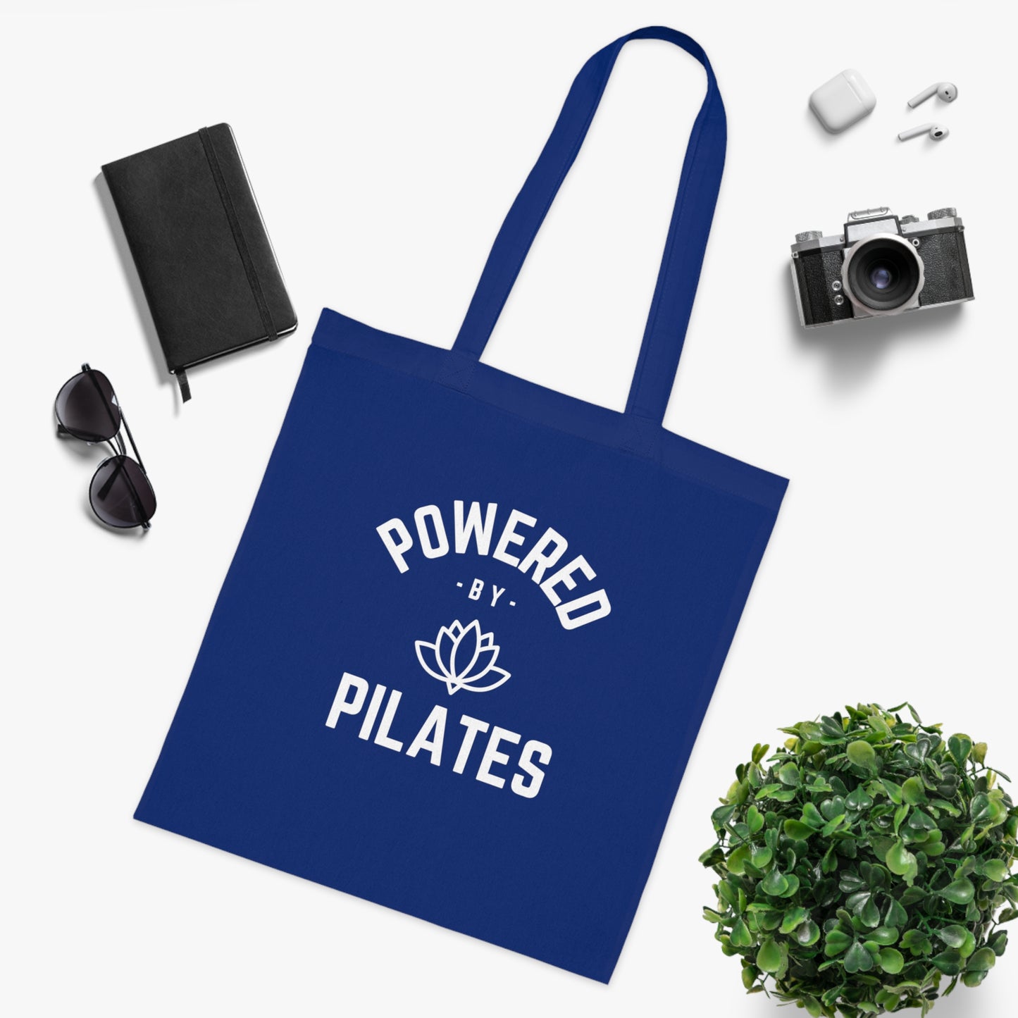 Powered by Pilates Yoga Slogan cotton tote bag, for pilates, yoga, fitness, well-being, wellness, mindfulness, bold, activewear, athleisure, statement tote bag