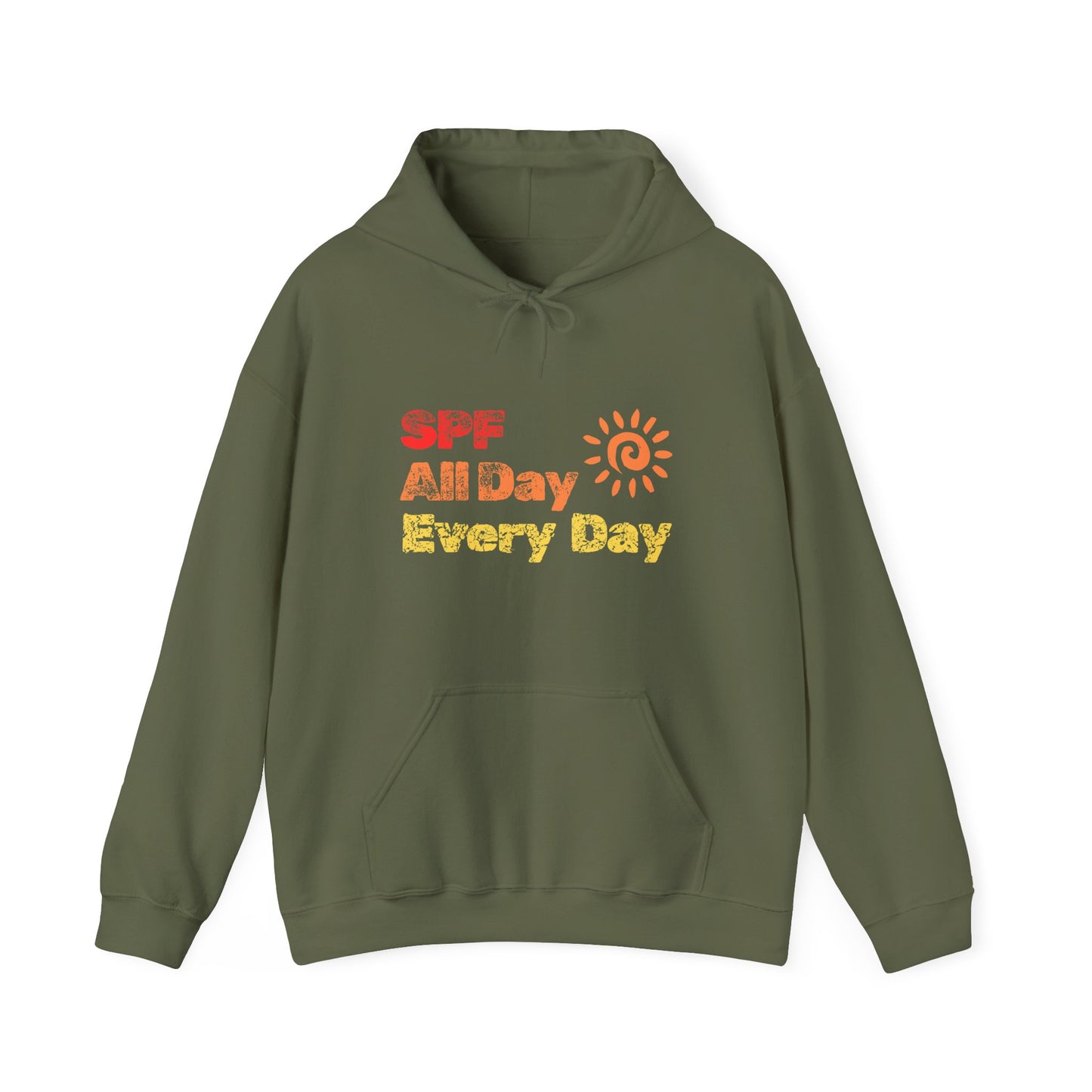 Bold SPF All Day, Every Day slogan hoodie, for SPF awareness, safe sun, sunscreen, skin protection, sun protection statement hoodie