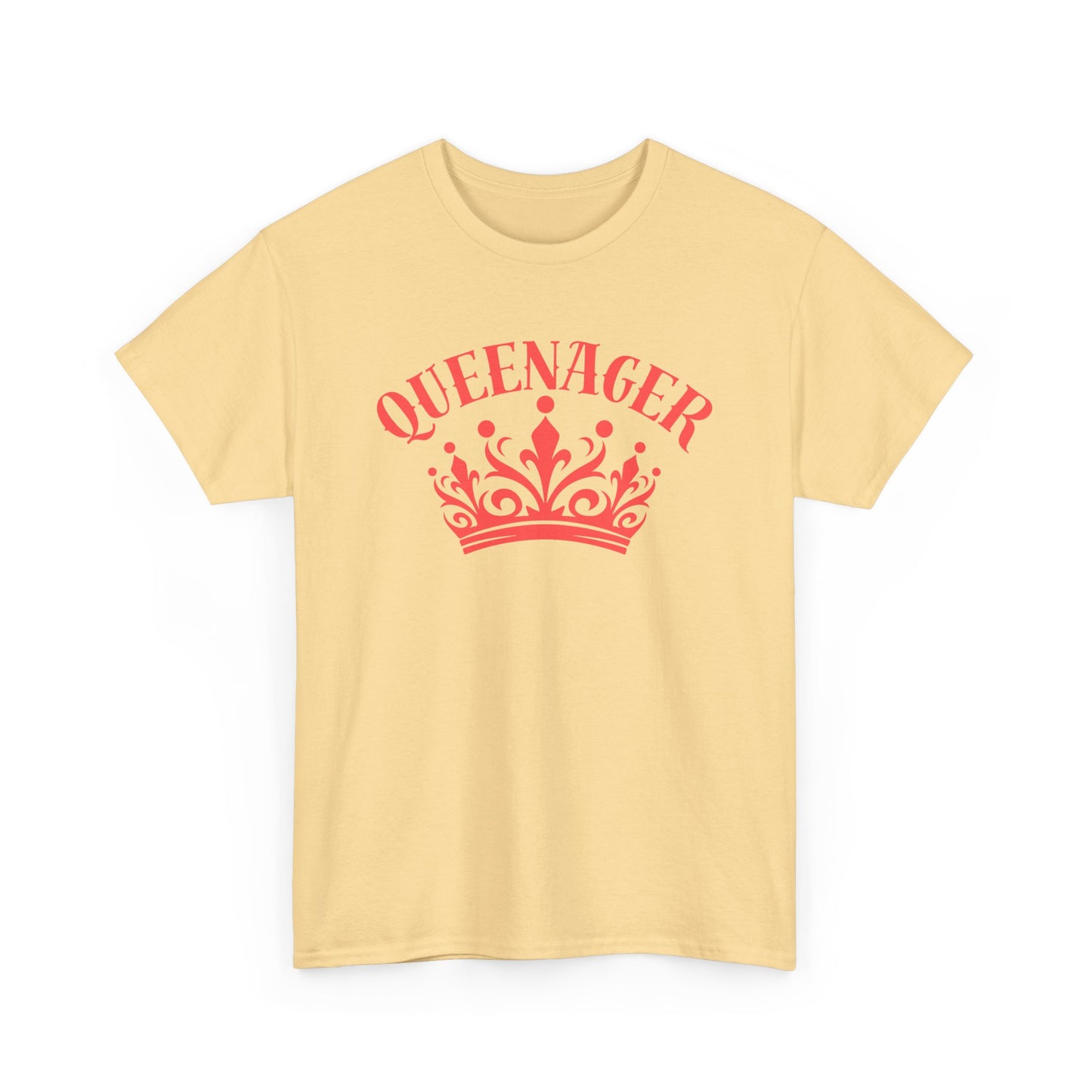 Bold Queenager slogan t-shirt, with crown image, age-positive statement tee, for empowered, confident, empty nesters, fun gift for women in midlife