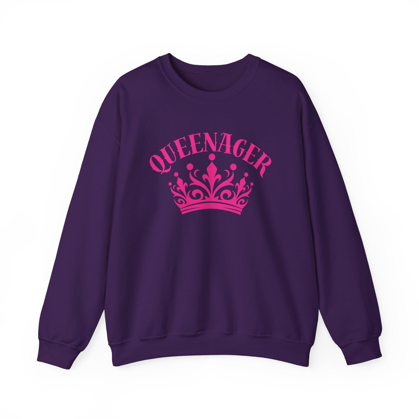 Bold Queenager slogan t-shirt, with crown image, age-positive statement tee, for empowered, confident, empty nesters, fun gift for women in midlife
