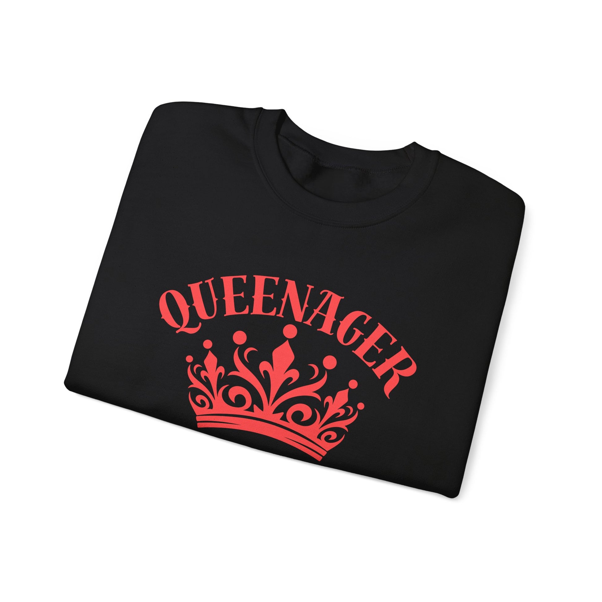 Bold Queenager slogan t-shirt, with crown image, age-positive statement tee, for empowered, confident, empty nesters, fun gift for women in midlife