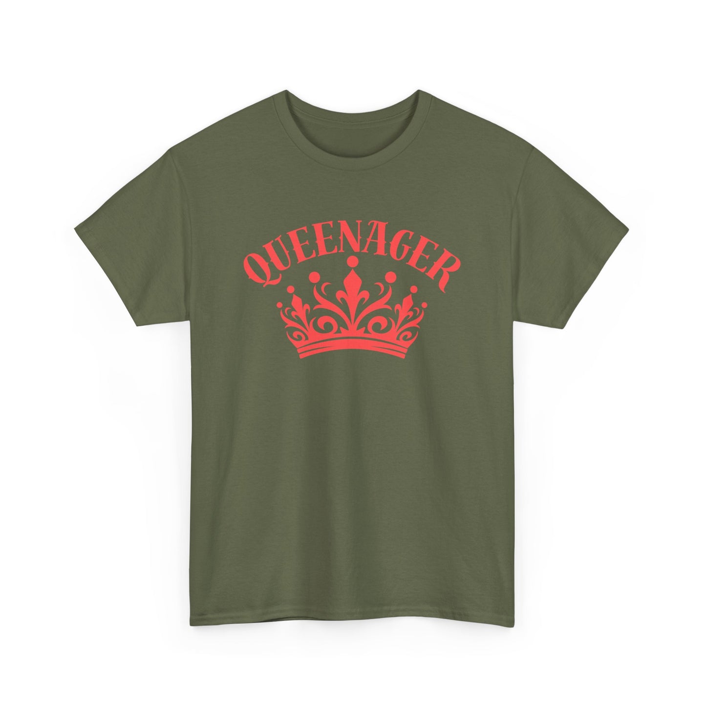 Bold Queenager slogan t-shirt, with crown image, age-positive statement tee, for empowered, confident, empty nesters, fun gift for women in midlife