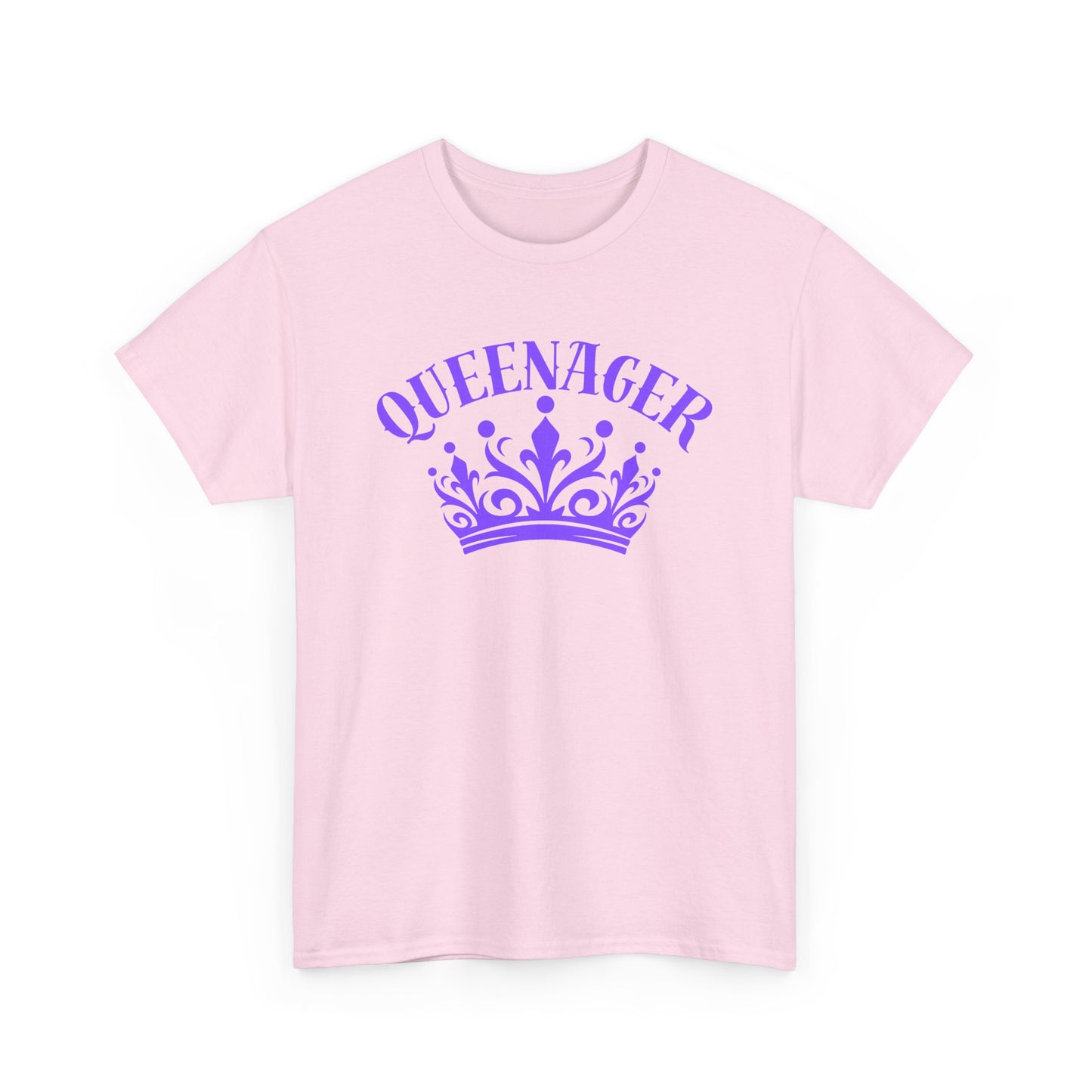 Bold Queenager slogan t-shirt, with crown image, age-positive statement tee, for empowered, confident, empty nesters, fun gift for women in midlife