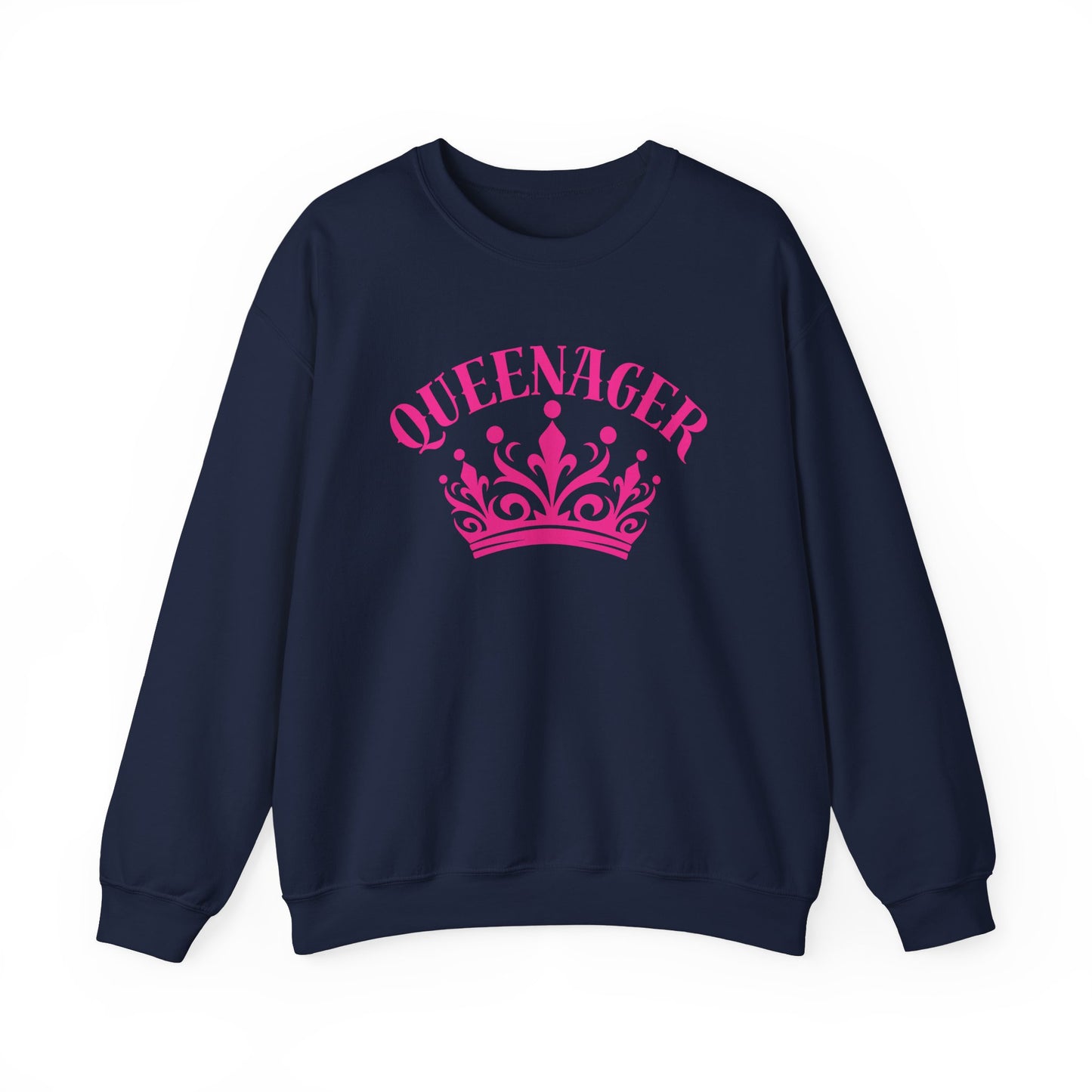 Bold Queenager slogan t-shirt, with crown image, age-positive statement tee, for empowered, confident, empty nesters, fun gift for women in midlife