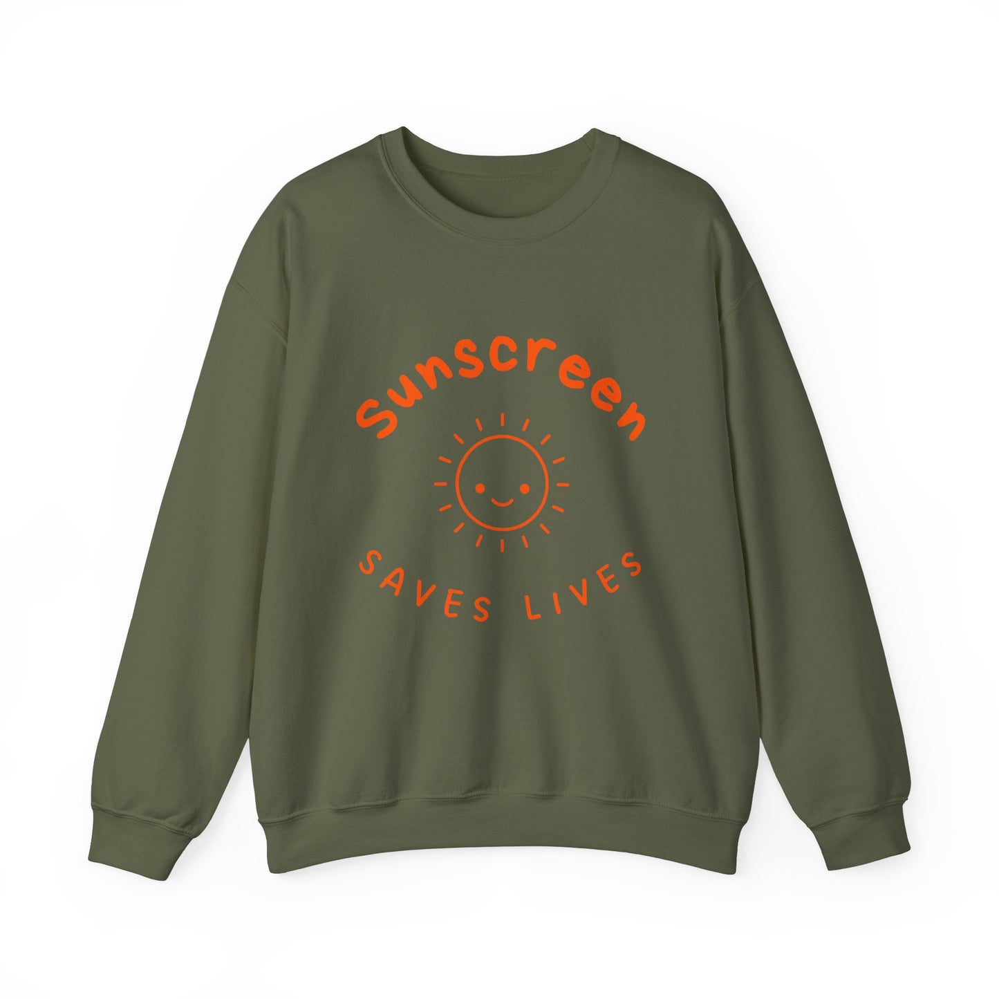 Bold Sunscreen Saves Lives slogan sweatshirt, with smiley sun graphic, for anti-aging fashion, SPF awareness, safe sun, sunscreen, skin protection, sun protection statement top