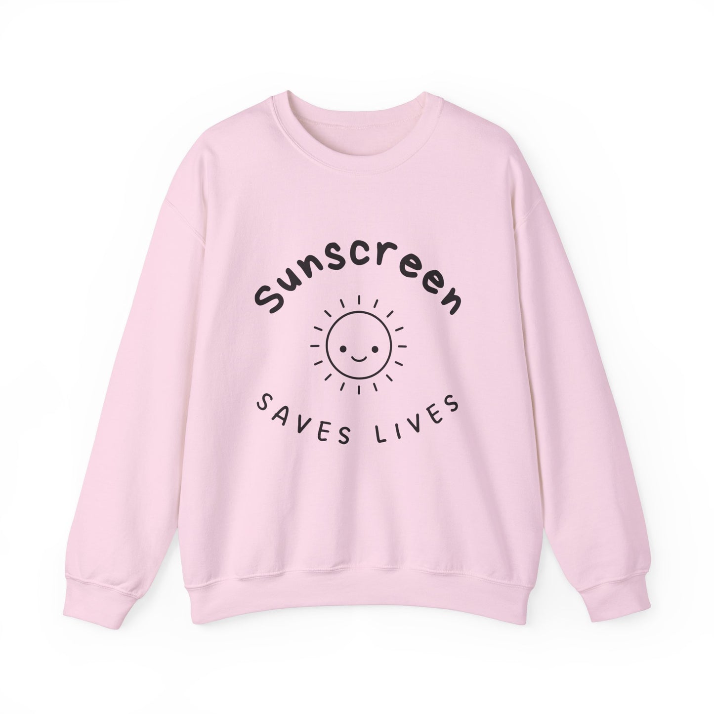 Bold Sunscreen Saves Lives slogan sweatshirt, with smiley sun graphic, for anti-aging fashion, SPF awareness, safe sun, sunscreen, skin protection, sun protection statement top