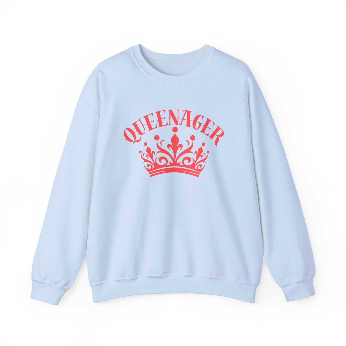 Bold Queenager slogan t-shirt, with crown image, age-positive statement tee, for empowered, confident, empty nesters, fun gift for women in midlife