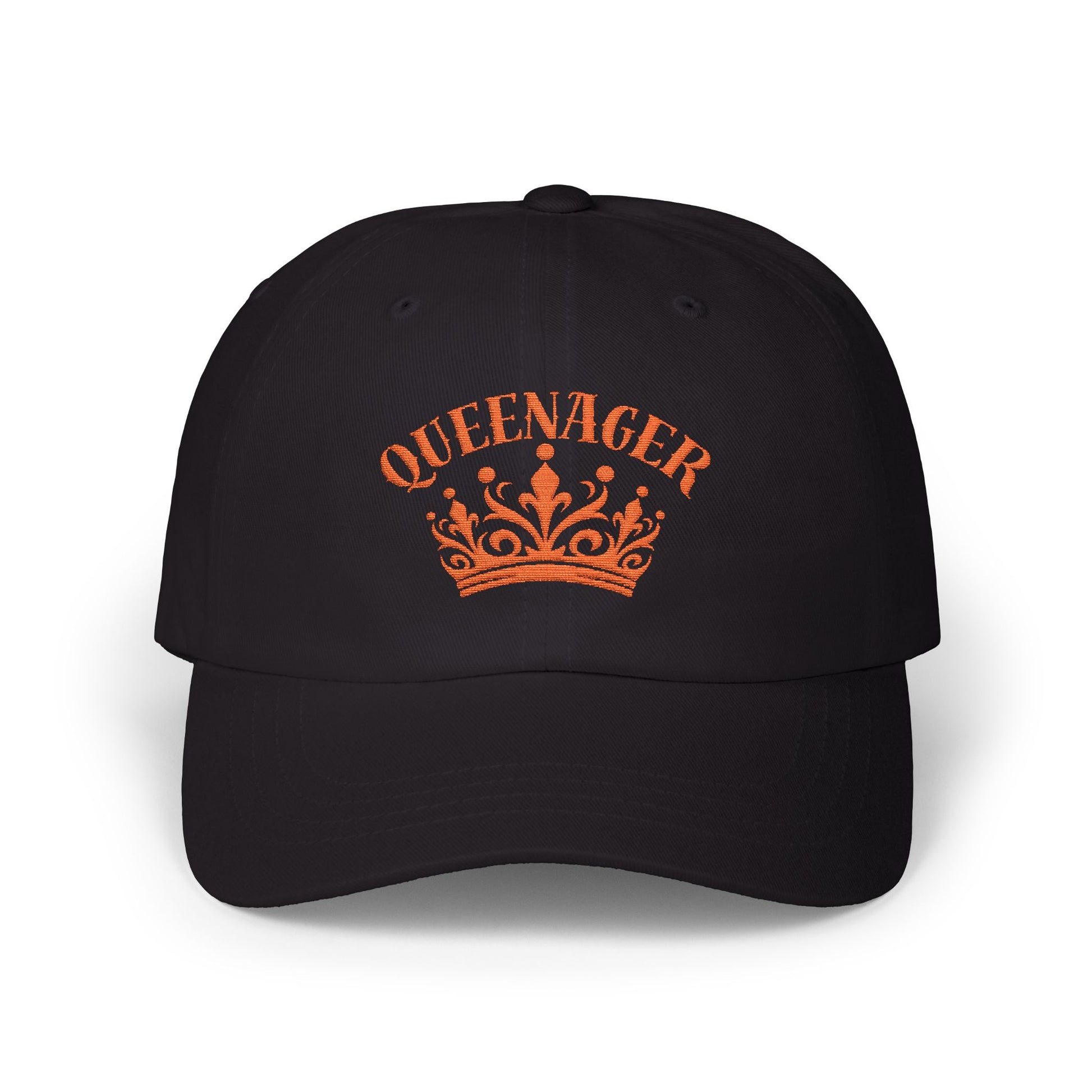 Bold Queenager slogan baseball cap, with crown image, age-positive statement hat, for empowered, confident, empty nesters, fun gift for women in midlife