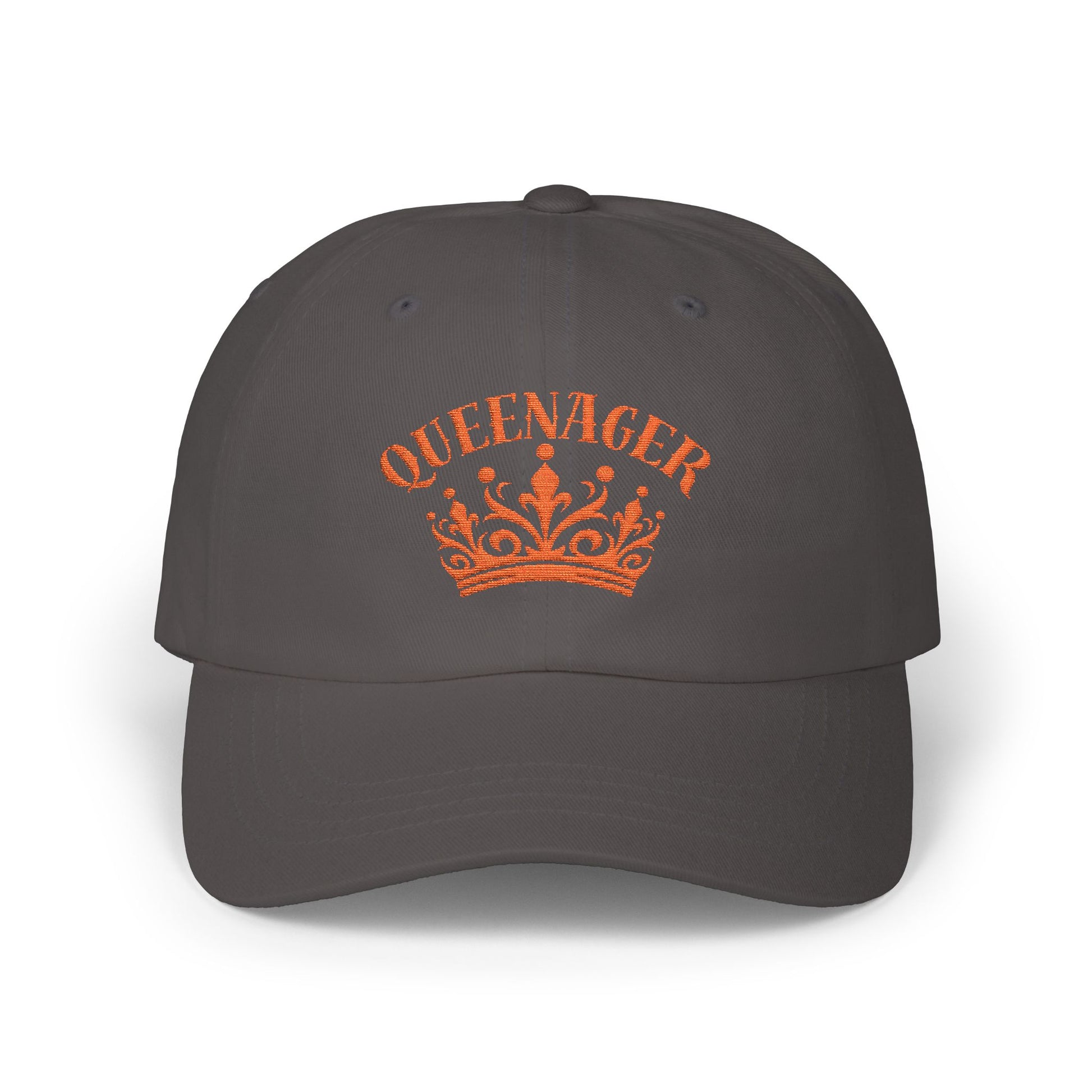 Bold Queenager slogan baseball cap, with crown image, age-positive statement hat, for empowered, confident, empty nesters, fun gift for women in midlife