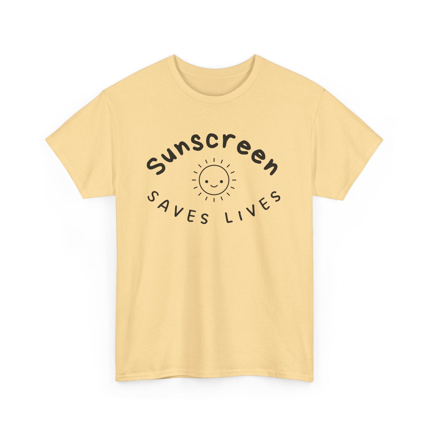 Bold Sunscreen Saves Lives slogan T-shirt, with smiley sun graphic, for anti-aging fashion, SPF awareness, safe sun, sunscreen, skin protection, sun protection statement tee