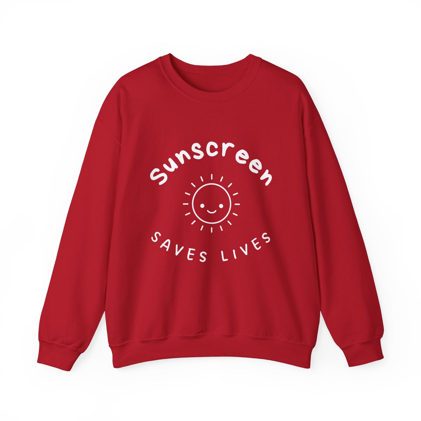 Bold Sunscreen Saves Lives slogan sweatshirt, with smiley sun graphic, for anti-aging fashion, SPF awareness, safe sun, sunscreen, skin protection, sun protection statement top