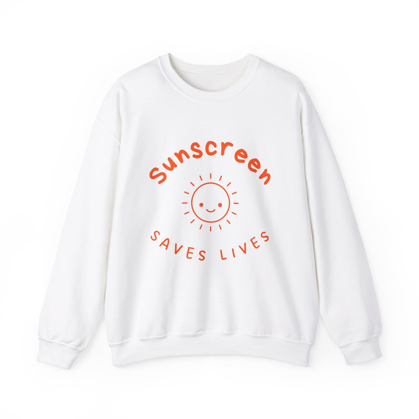 Bold Sunscreen Saves Lives slogan sweatshirt, with smiley sun graphic, for anti-aging fashion, SPF awareness, safe sun, sunscreen, skin protection, sun protection statement top