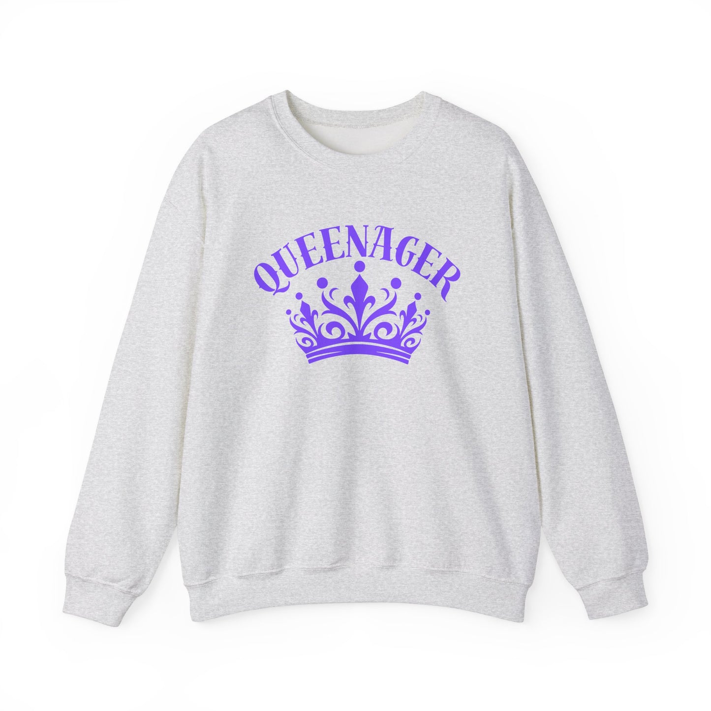 Bold Queenager slogan t-shirt, with crown image, age-positive statement tee, for empowered, confident, empty nesters, fun gift for women in midlife