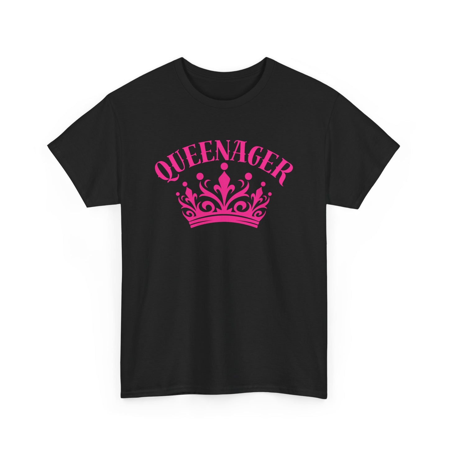 Bold Queenager slogan t-shirt, with crown image, age-positive statement tee, for empowered, confident, empty nesters, fun gift for women in midlife