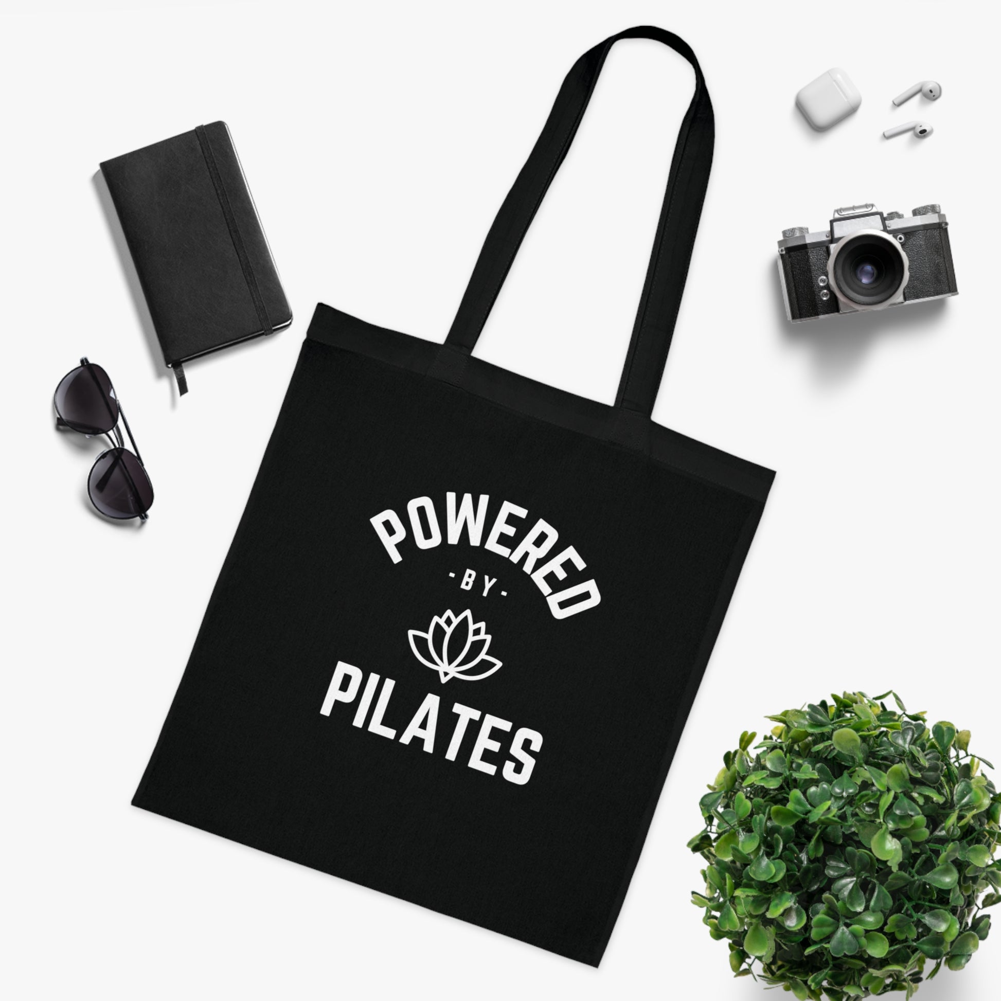 Powered by Pilates Yoga Slogan cotton tote bag, for pilates, yoga, fitness, well-being, wellness, mindfulness, bold, activewear, athleisure, statement tote bag