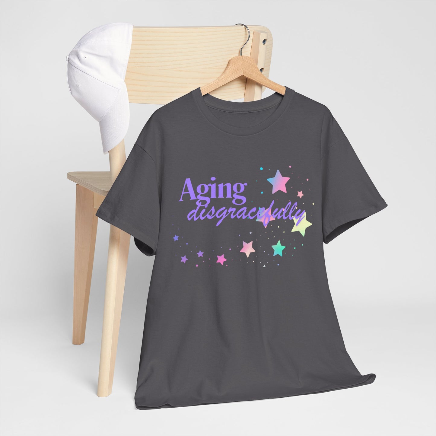 Aging Disgracefully slogan T-shirt, fun, quirky, bold, age-positive statement tee, gift for women embracing empowerment, freedom and confidence in midlife