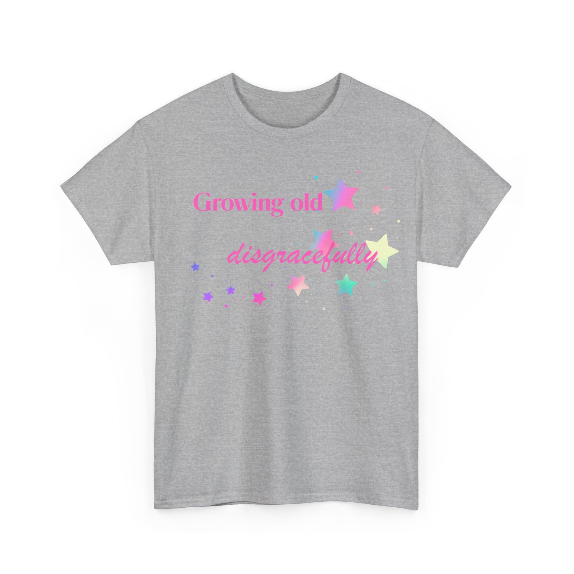 Growing Old Disgracefully slogan T-shirt, fun, quirky, bold, age-positive statement tee, gift for women embracing empowerment, freedom and confidence in midlife