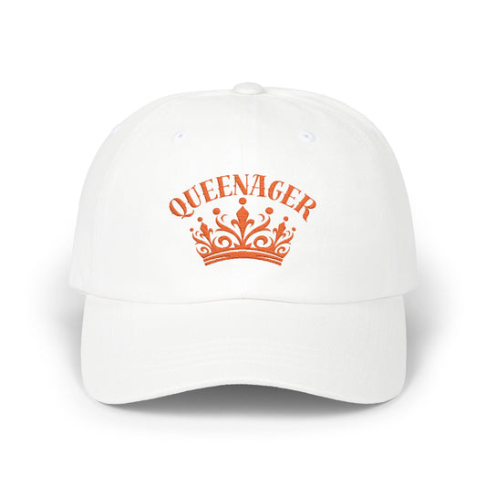 Bold Queenager slogan baseball cap, with crown image, age-positive statement hat, for empowered, confident, empty nesters, fun gift for women in midlife